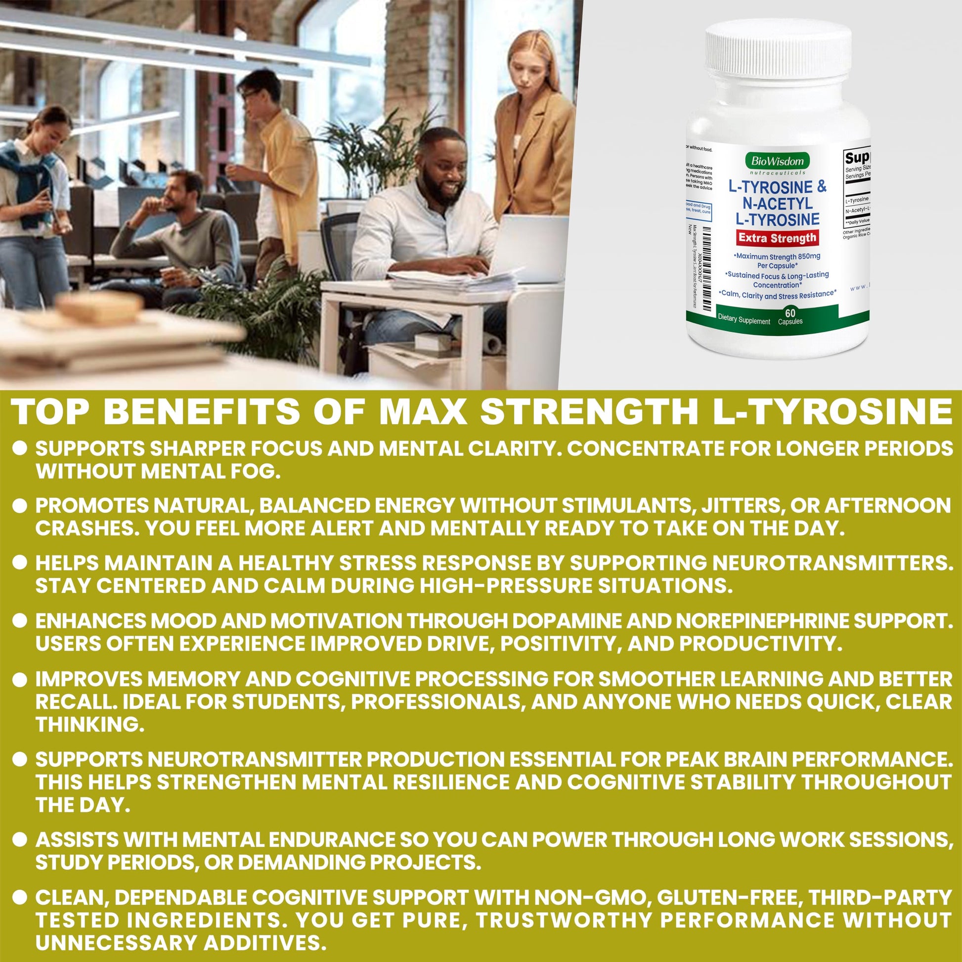 Max Strength L Tyrosine Supplement & N Acetyl L Tyrosine Peak Focus, Alertness, Concentration, Body & Mind Energy. L-Tyrosine 850mg Per 1 Capsule. A Well-Being Nutrient Boost For Performance BioWisdom Nutraceuticals uk supplements
