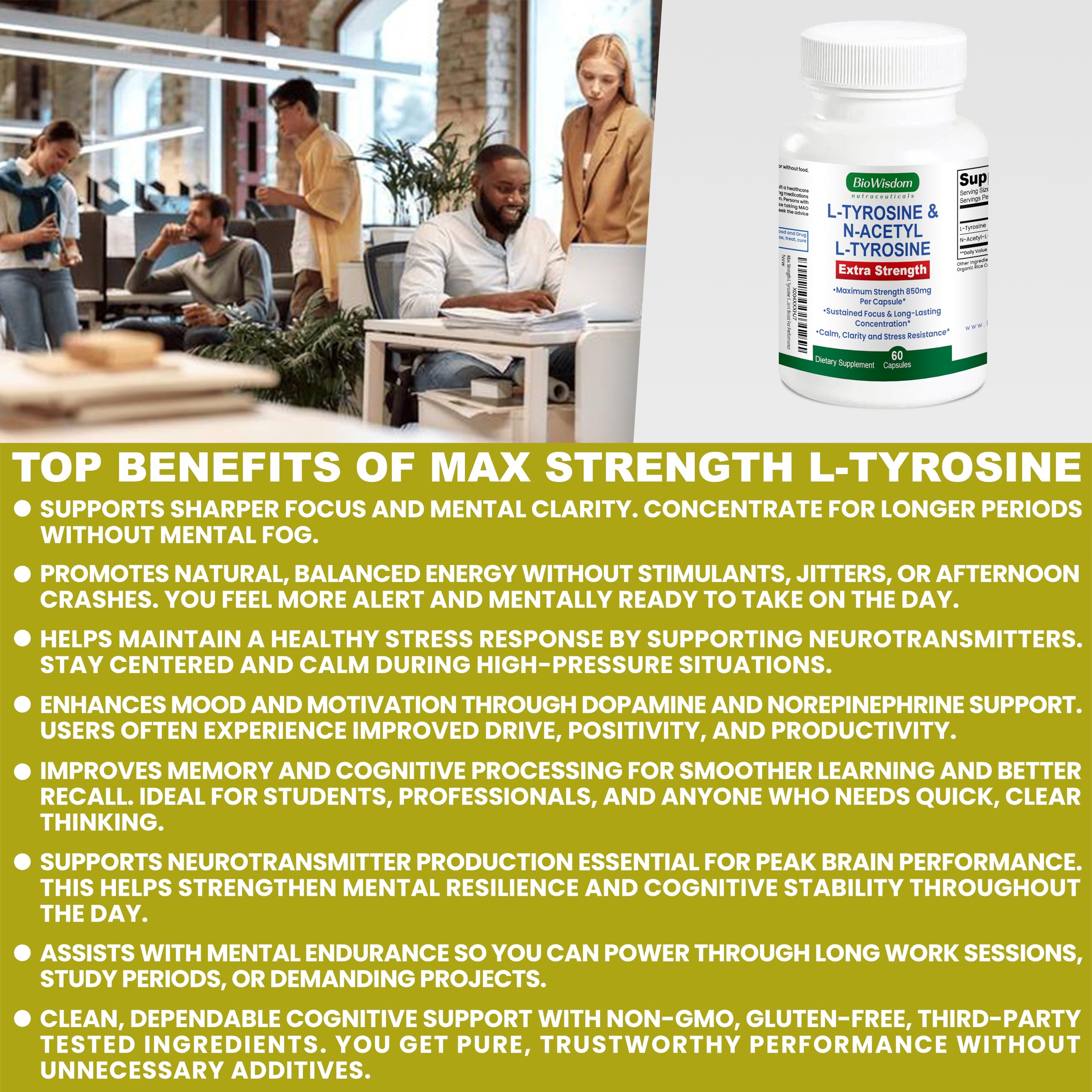 Max Strength L Tyrosine Supplement & N Acetyl L Tyrosine Peak Focus, Alertness, Concentration, Body & Mind Energy. L-Tyrosine 850mg Per 1 Capsule. A Well-Being Nutrient Boost For Performance BioWisdom Nutraceuticals uk supplements
