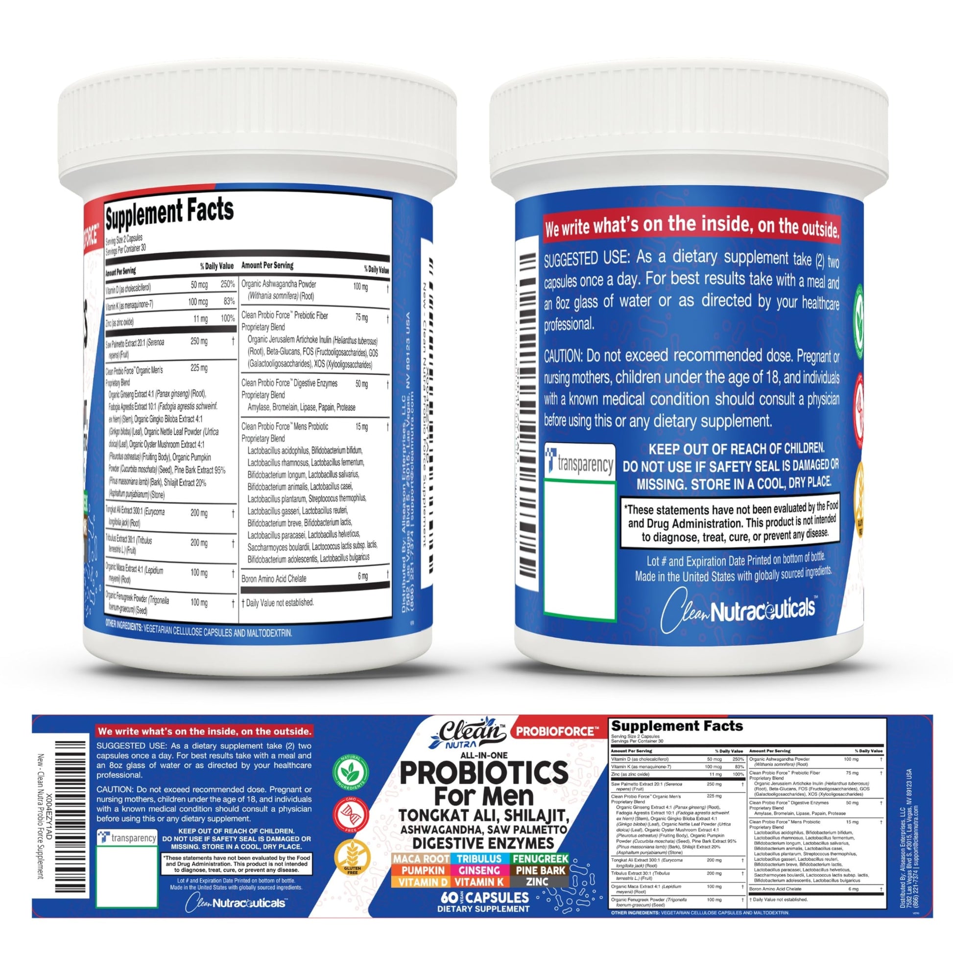 Clean Nutra Probiotics for Men | Tongkat Ali, Saw Palmetto, Tribulus, Ginseng, Ashwagandha, Maca, Pumpkin, Gingko Biloba, Pine Bark, Fenugreek, Shilajit, Zinc - Mens Probiotic 60 Capsules Clean Nutraceuticals uk supplements