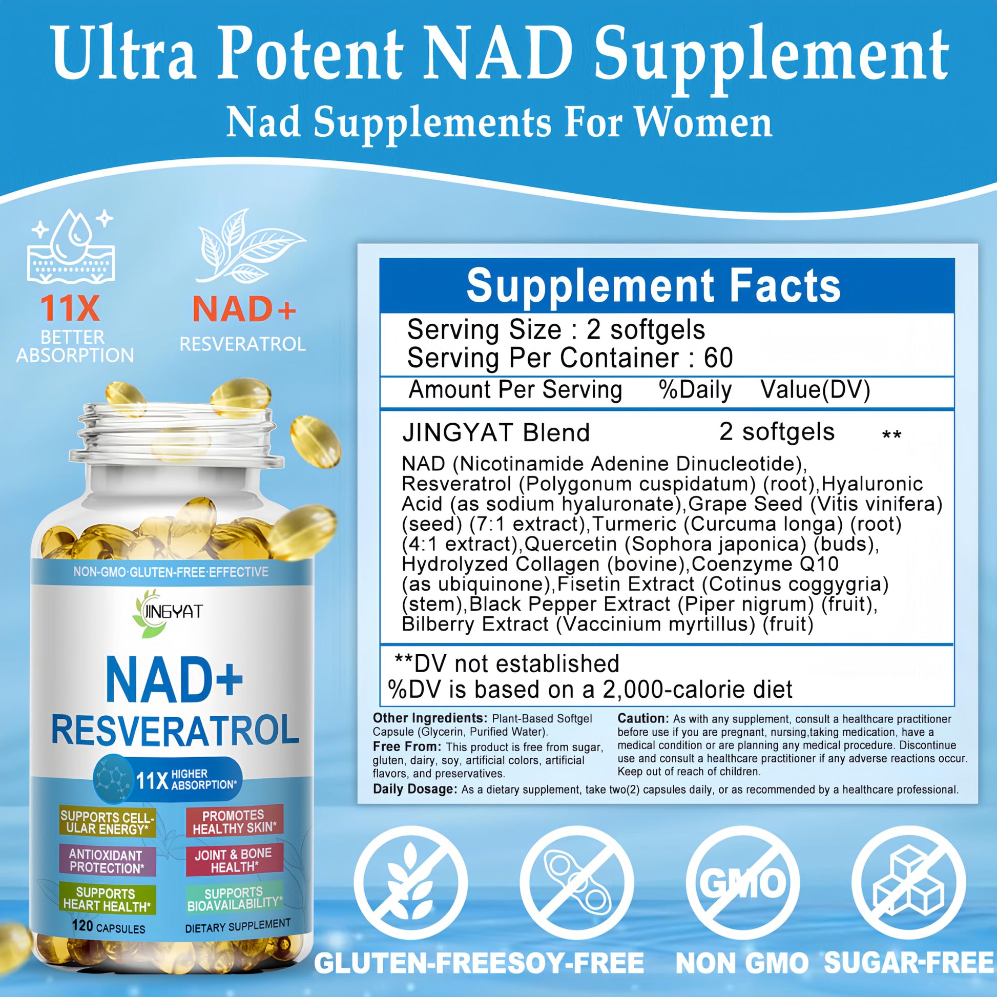 JINGYAT 11-in-1 NAD Supplement with Resveratrol, CoQ10, Quercetin, Collagen, Grape Seed for Cellular Energy, Mental Focus & Antioxidant Support - NAD Supplement for Women & Men, 120 Soft Capsules JINGYAT uk supplements