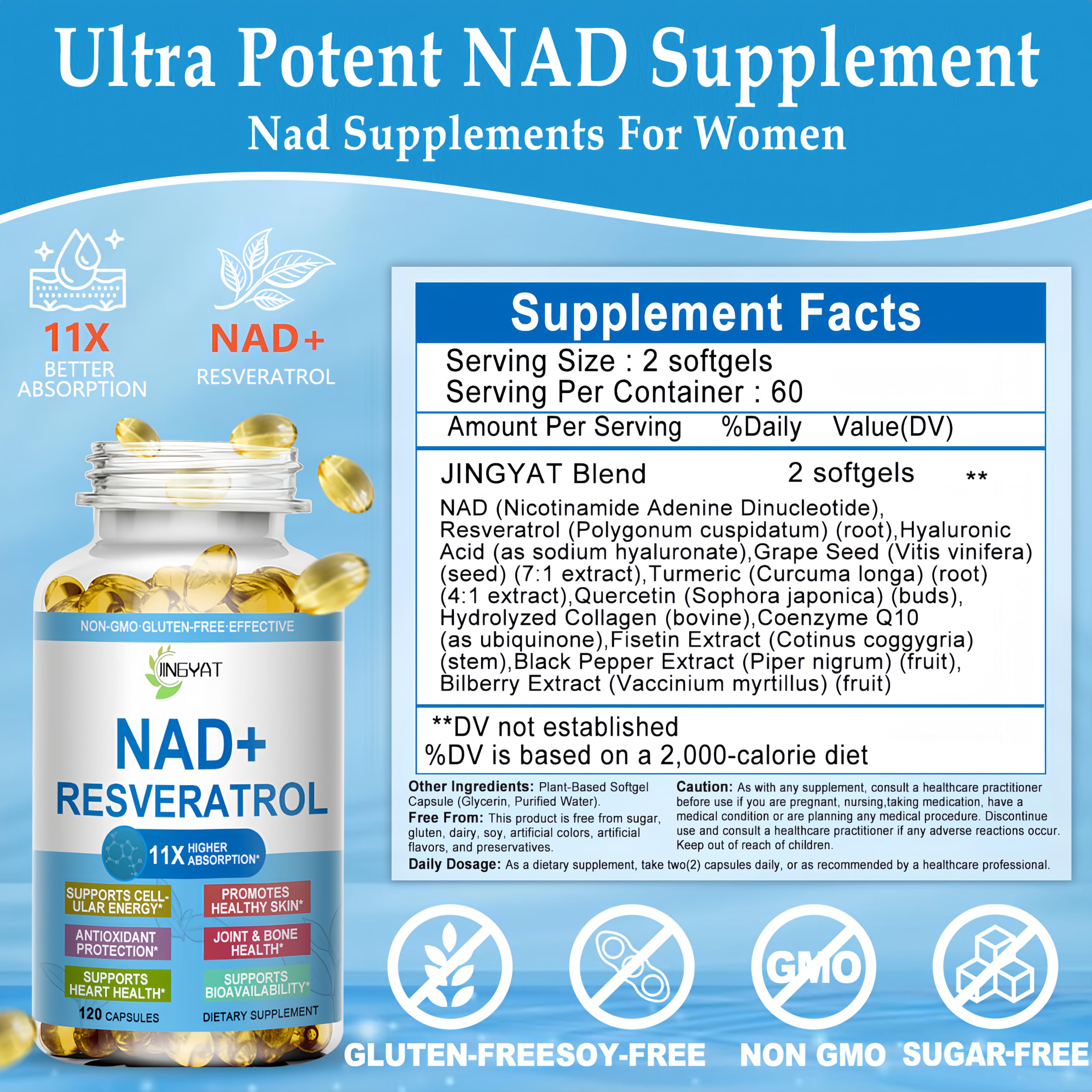 JINGYAT 11-in-1 NAD Supplement with Resveratrol, CoQ10, Quercetin, Collagen, Grape Seed for Cellular Energy, Mental Focus & Antioxidant Support - NAD Supplement for Women & Men, 120 Soft Capsules JINGYAT uk supplements
