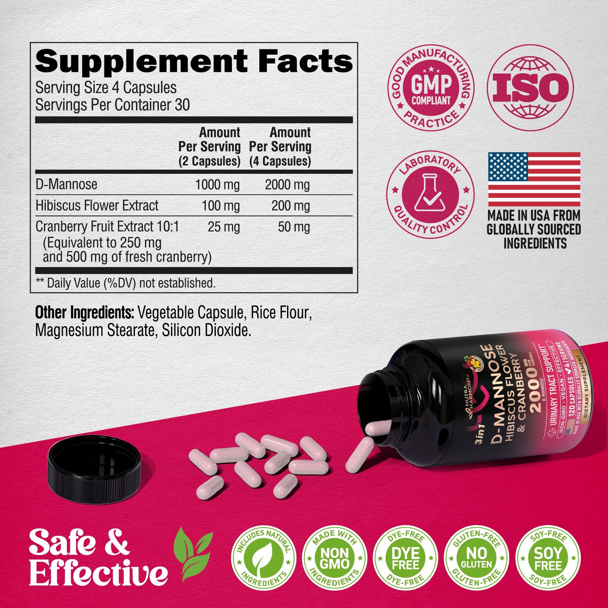 D-Mannose 2000mg with Cranberry & Hibiscus - Clinically Tested Strength for Urinary Tract Health - Supplement for Women - Bladder, Liver & Microflora Support - Made in USA - Vegan, 120 Capsules NUTRAHARMONY uk supplements