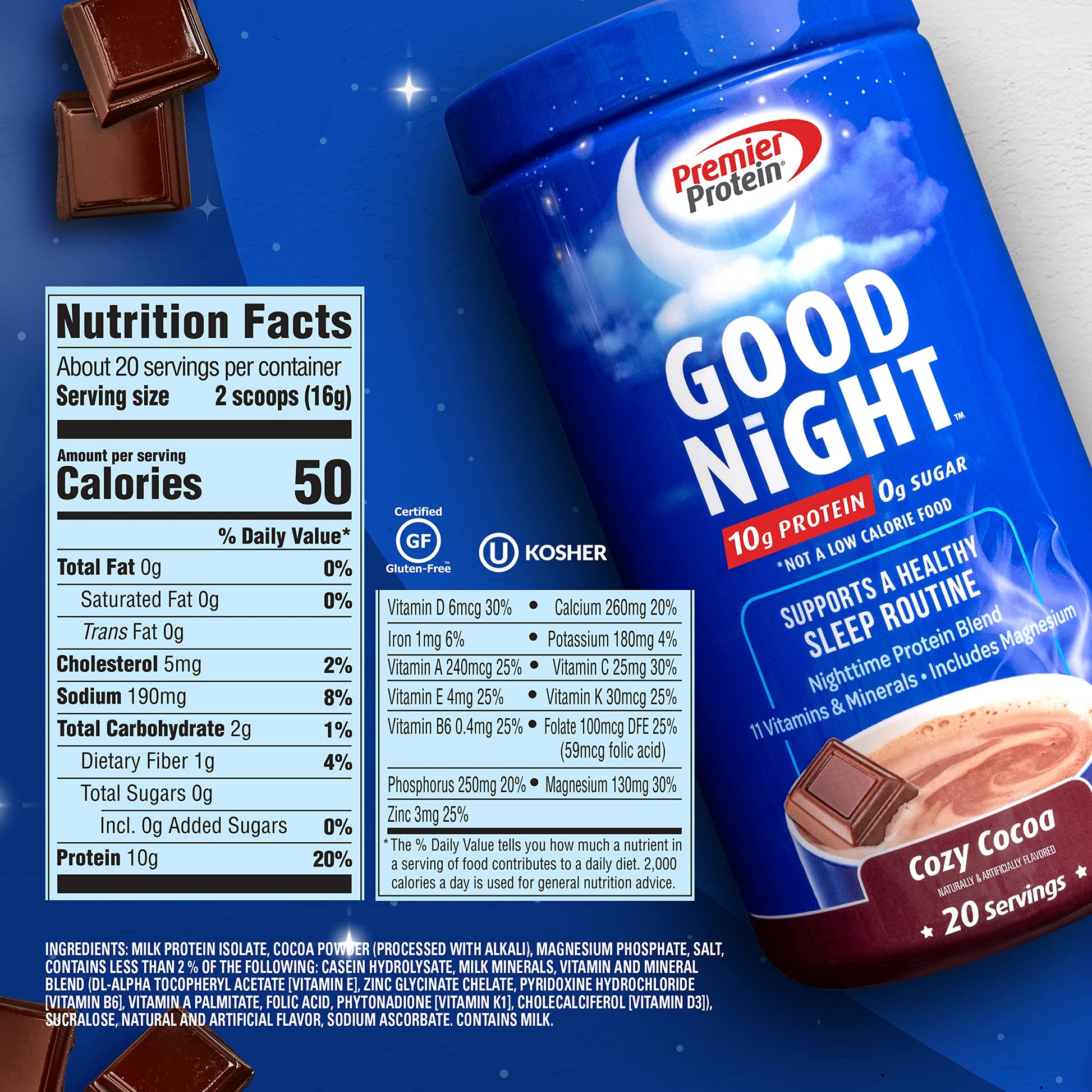 Premier Protein Good Night Protein Powder, Hot Cocoa Mix, 10g Protein, 0g Sugar Premier Protein uk supplements