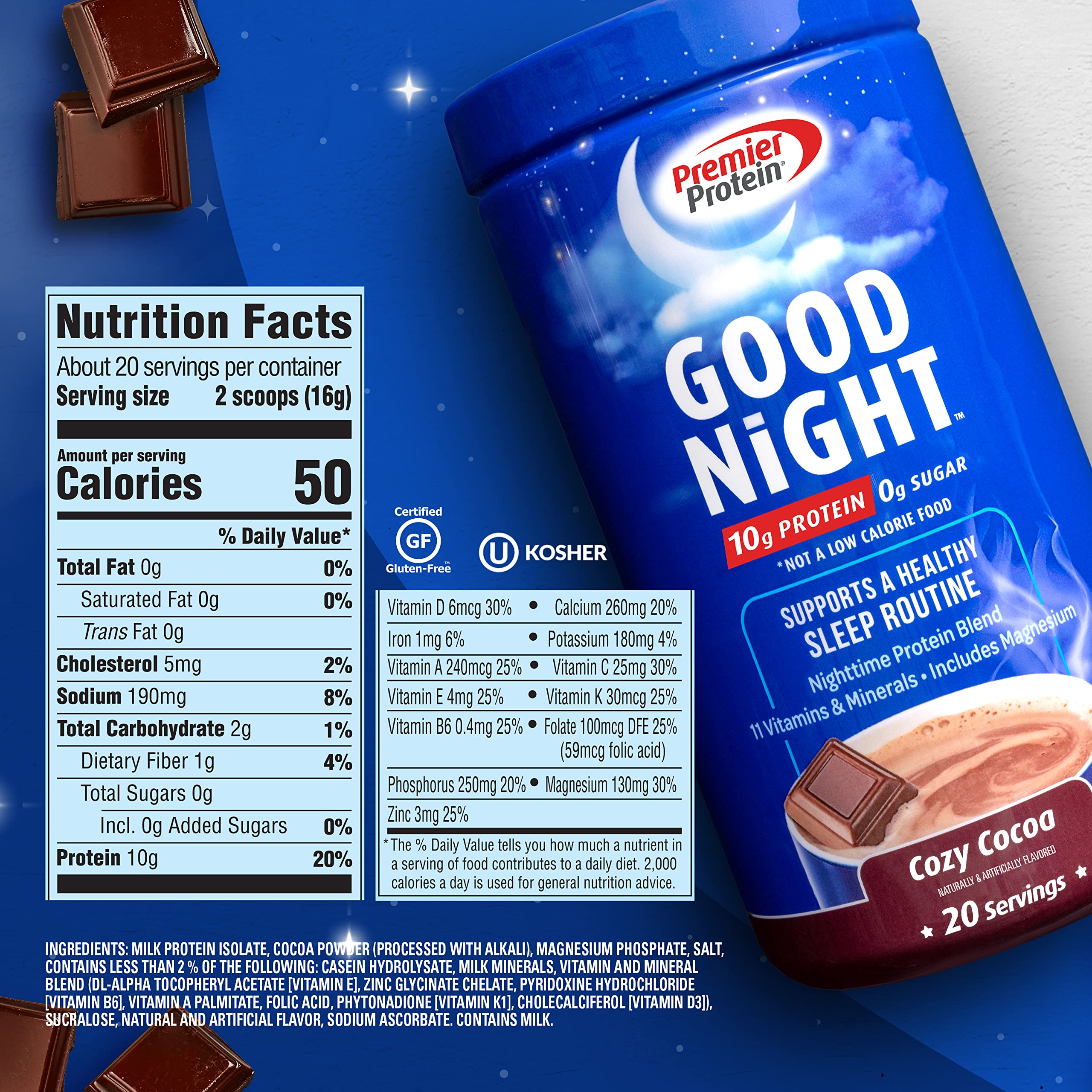Premier Protein Good Night Protein Powder, Hot Cocoa Mix, 10g Protein, 0g Sugar Premier Protein uk supplements