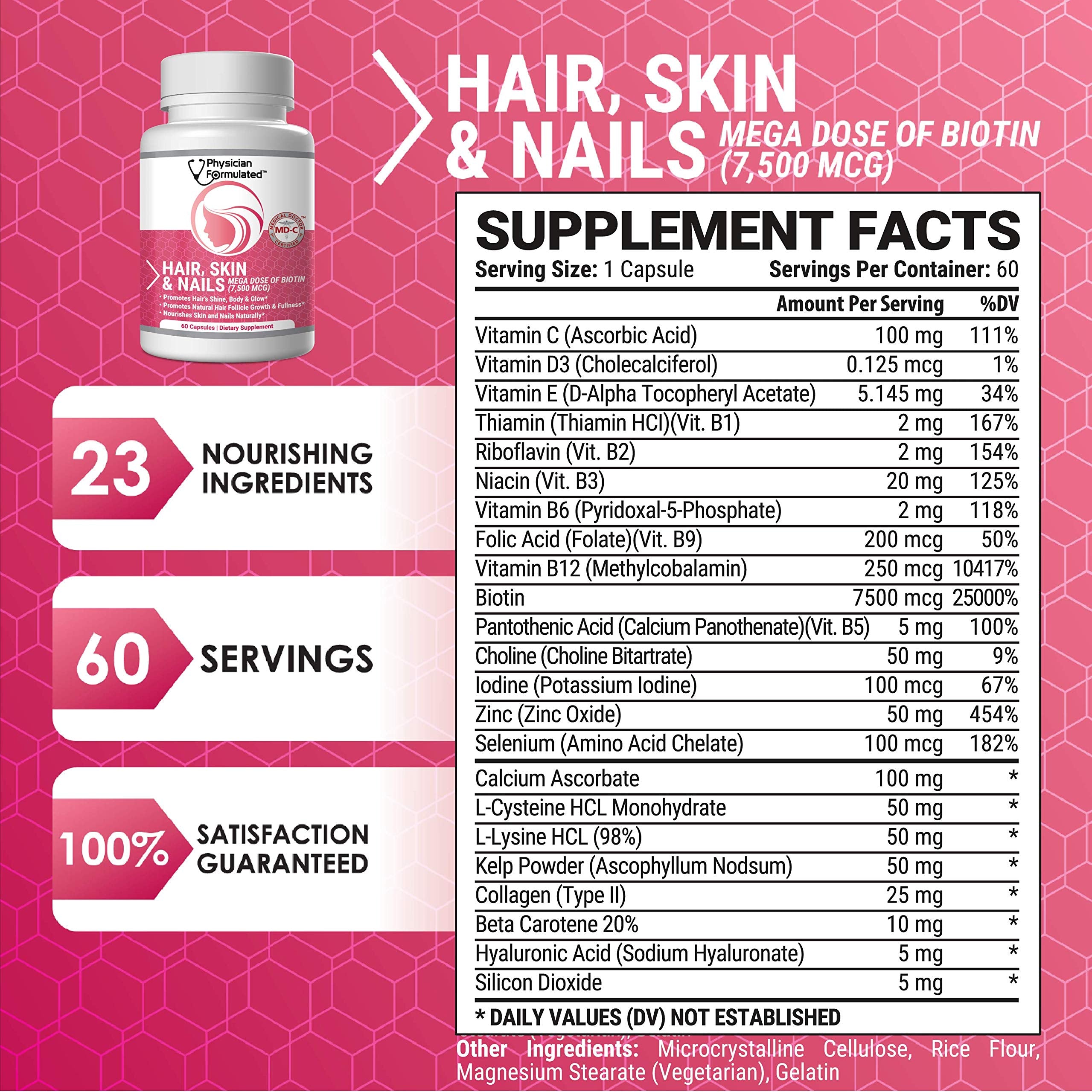 Physician Formulated Healthy Hair Skin and Nails Vitamins for Men and Women - 7500 mcg Biotin, Amino Acids, Collagen and Hyaluronic Acid - 60 Capsules Physician Formulated uk supplements