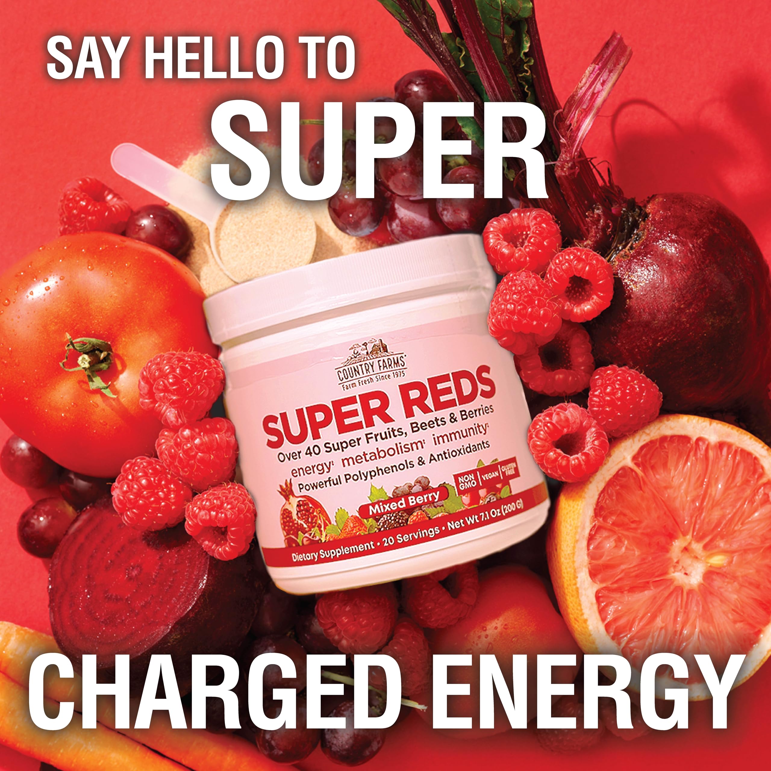 COUNTRY FARMS Super Reds, Energizing Polyphenol Superfood, 48 Super Fruits and Berries, Powerful Antioxidants and Polyphenols, Supports Energy, 20 Servings, Mixed Berry Flavor Country Farms uk supplements