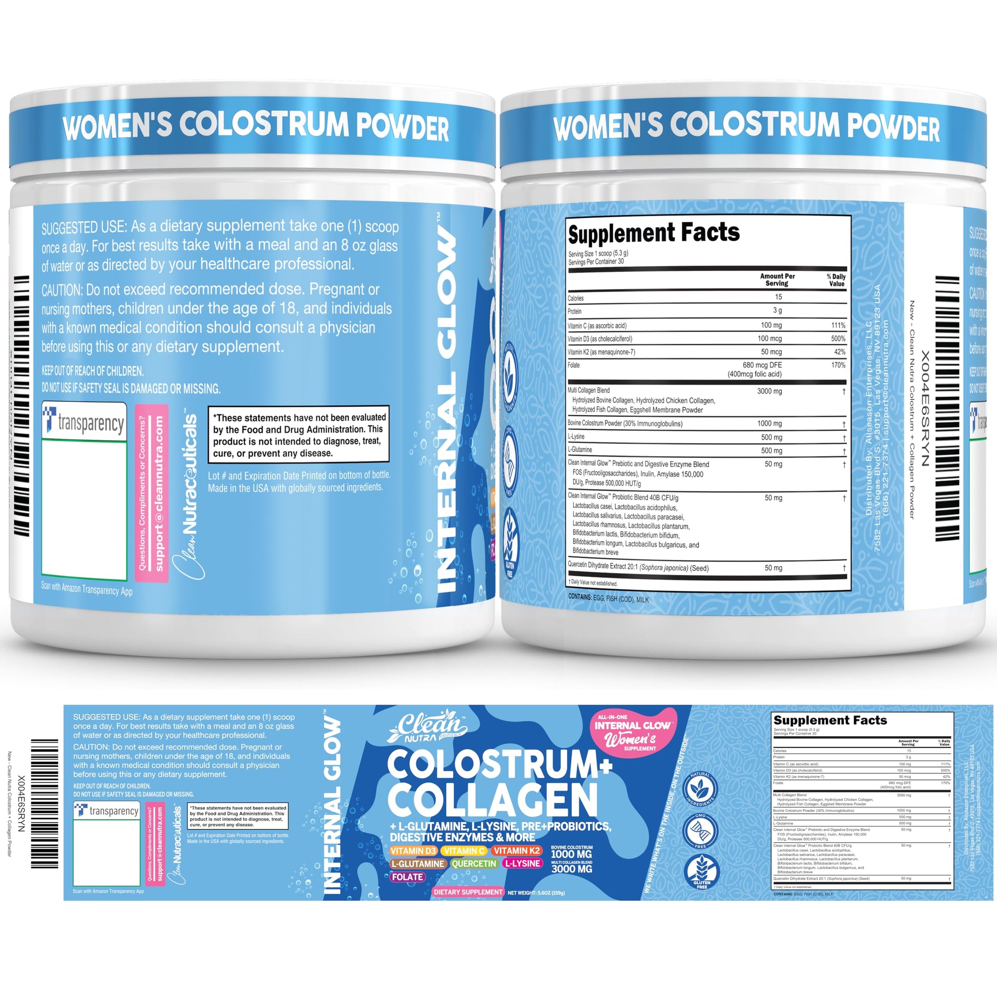 Bovine Colostrum Powder + Collagen Peptides with L-Glutamine L-Lysine Prebiotics Probiotics Digestive Enzymes Vitamin D K2 C Quercetin & Folate | Gut Health Supplement Internal Glow By Clean Nutra Clean Nutraceuticals uk supplements