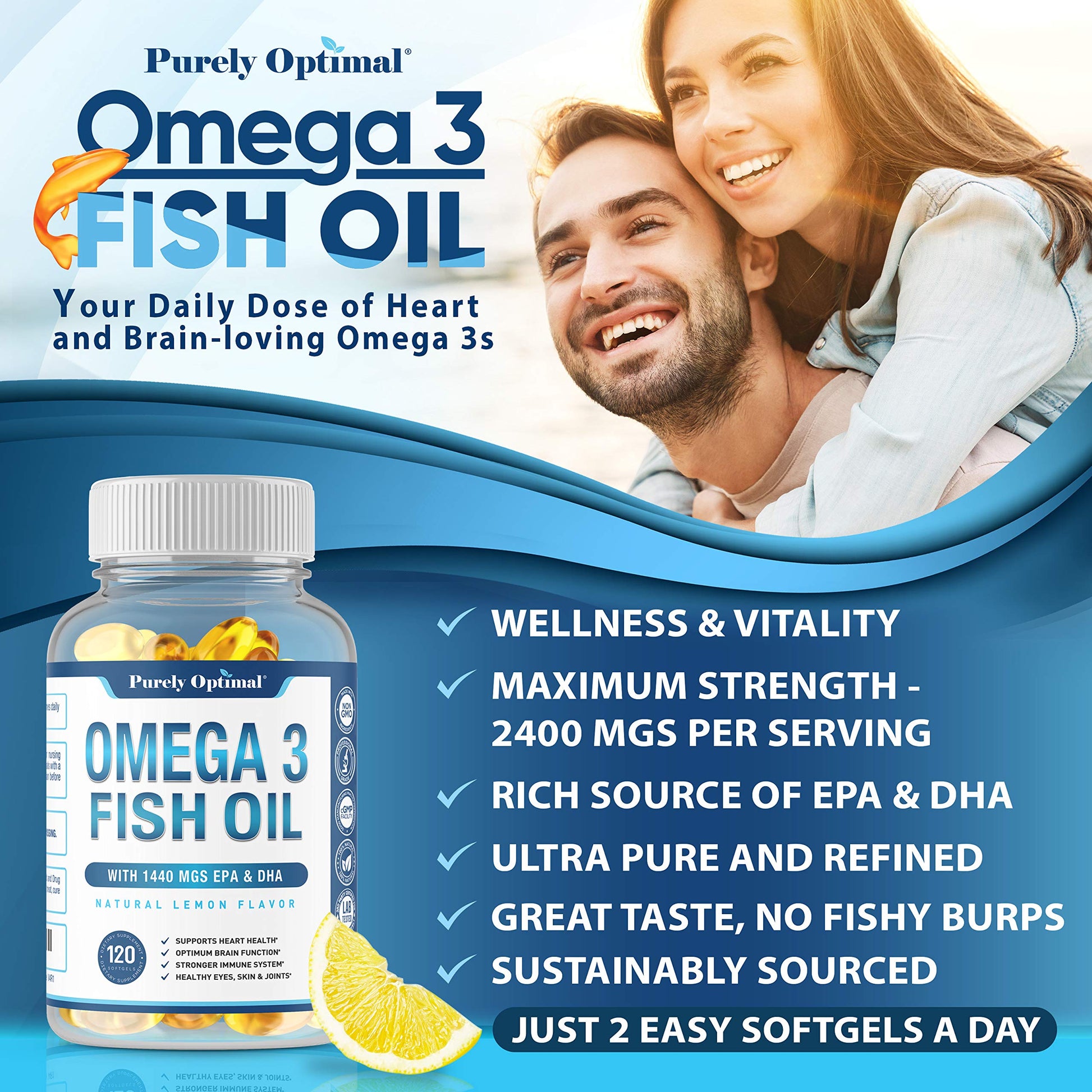 Premium Omega 3 Fish Oil Supplement 2400mg - Burpless Fish Oil Omega3 Softgels Purely Optimal uk supplements