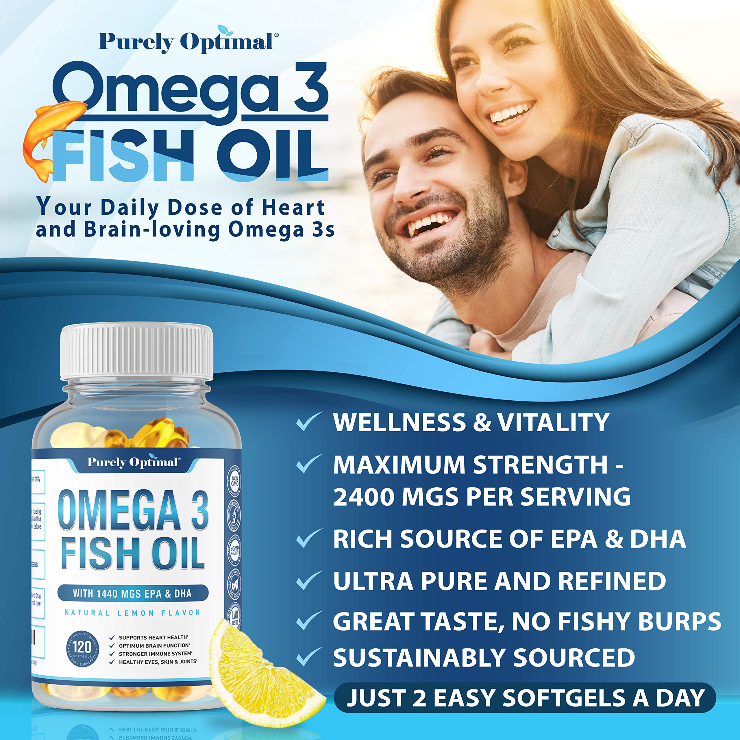 Premium Omega 3 Fish Oil Supplement 2400mg - Burpless Fish Oil Omega3 Softgels Purely Optimal uk supplements
