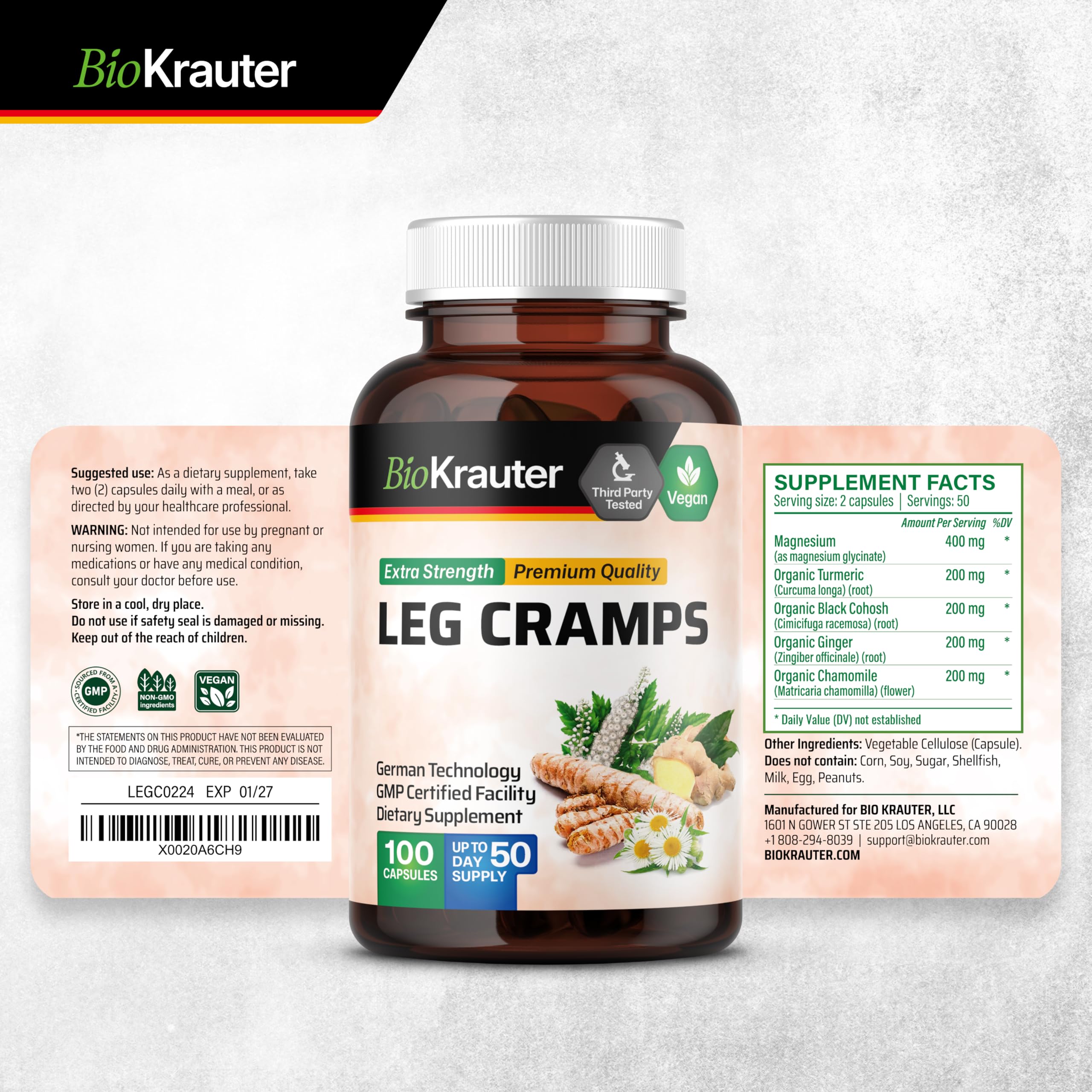 BIO KRAUTER® Magnesium Glycinate for Leg Сramps & Relax - 5-in-1 Formula Magnesium Glycinate 400mg with Turmeric, Black Cohosh, Ginger, Chamomile 1200 mg 100 Caps - No Fillers, Non-GMO, 50-Day Supply BIO KRAUTER uk supplements