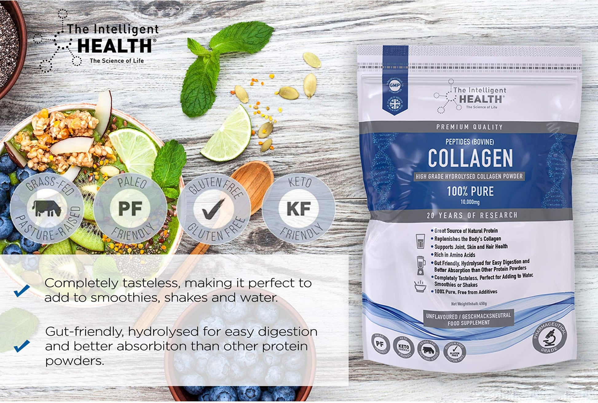 Hydrolysed Collagen Powder (Bovine) - High Protein Grass Fed Unflavoured Peptides The Intelligent Health uk supplements