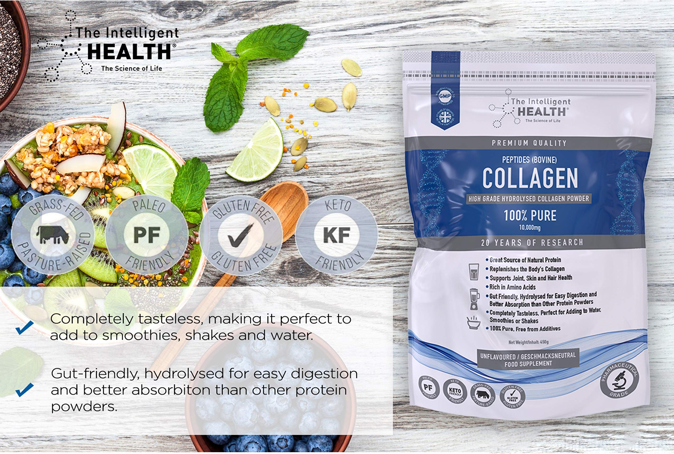 Hydrolysed Collagen Powder (Bovine) - High Protein Grass Fed Unflavoured Peptides The Intelligent Health uk supplements