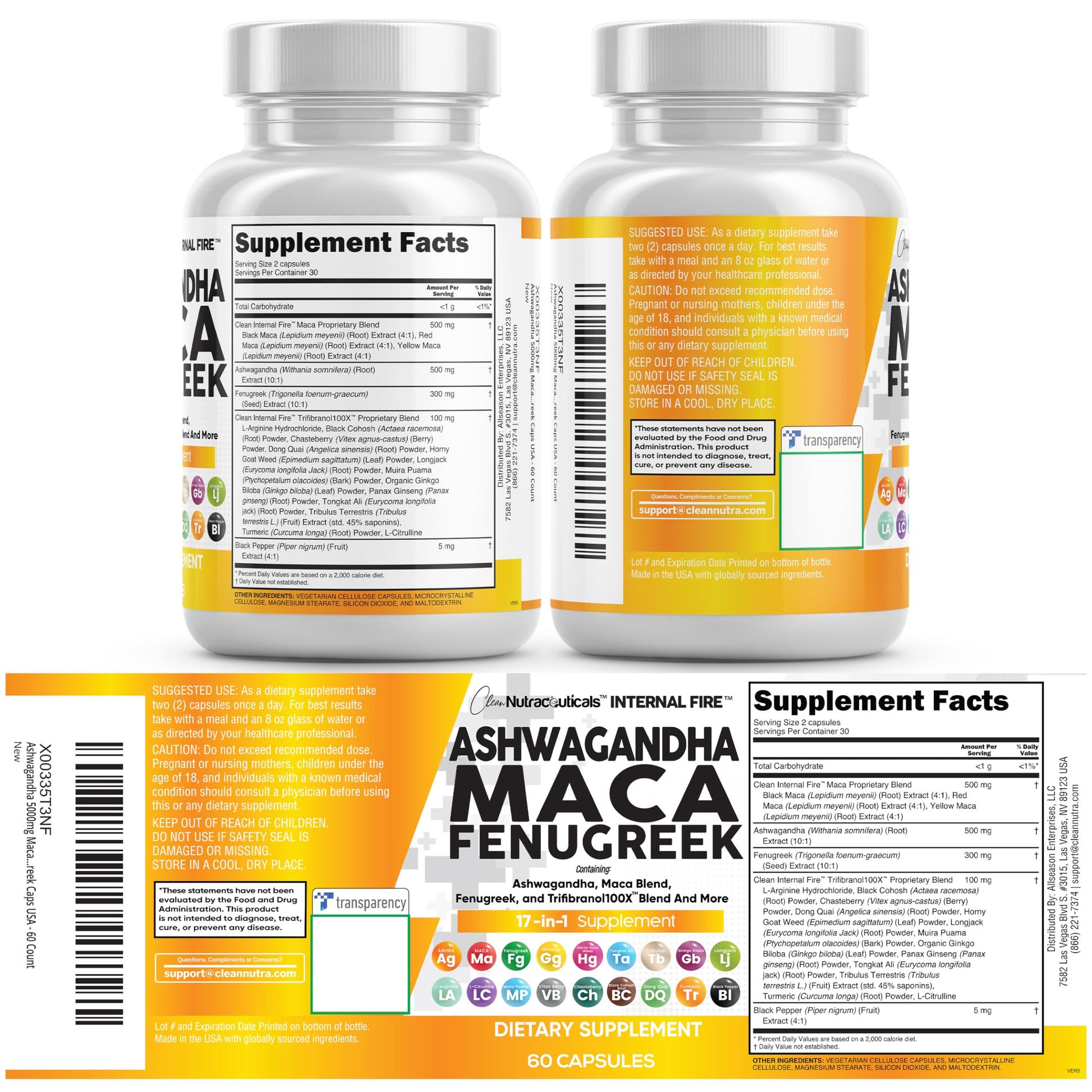 Clean Nutraceuticals Ashwagandha Maca Root Fenugreek Supplement with Tongkat Ali Ginseng - Assists with Stress, Mood & Thyroid - Ashwagandha Capsules Fenugreek Caps - 1 Pack Clean Nutraceuticals uk supplements