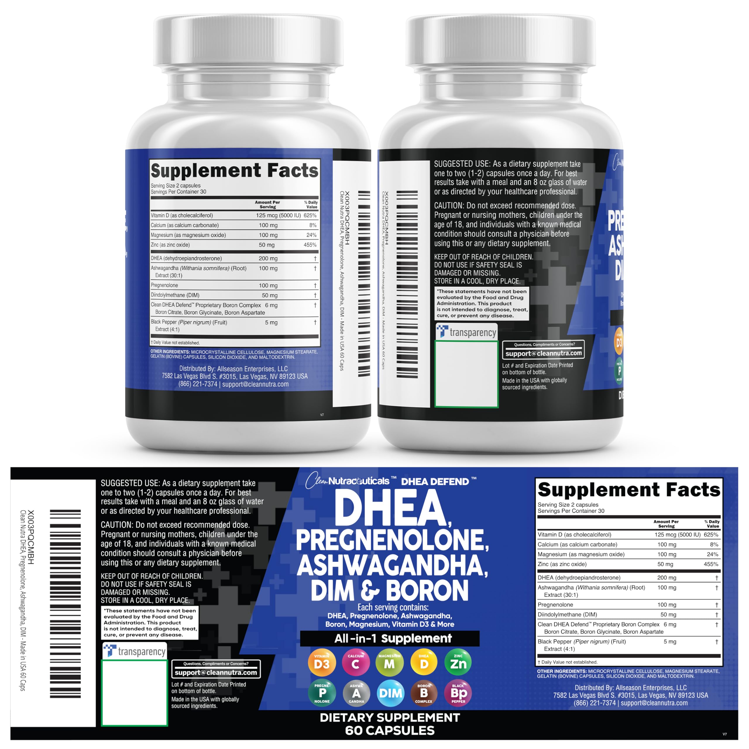 DHEA 200mg Supplement Pregnenolone 100mg for Men & Women with DIM Ashwagandha Boron 6mg Complex Calcium Magnesium Zinc 50mg Vitamin D3 5000 iu Hormone Support Capsules Pills - Made in USA 60 Ct Clean Nutraceuticals uk supplements