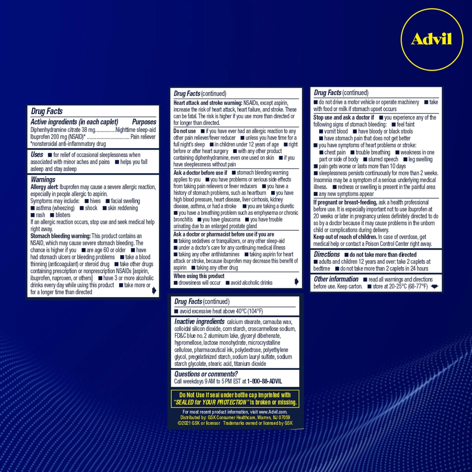 Advil PM Pain Reliever and Nighttime Sleep Aid, Pain Medicine with Ibuprofen for Pain Relief and Diphenhydramine Citrate for A Sleep Aid - 120 Coated Caplets (Pack of 2) Advil uk supplements
