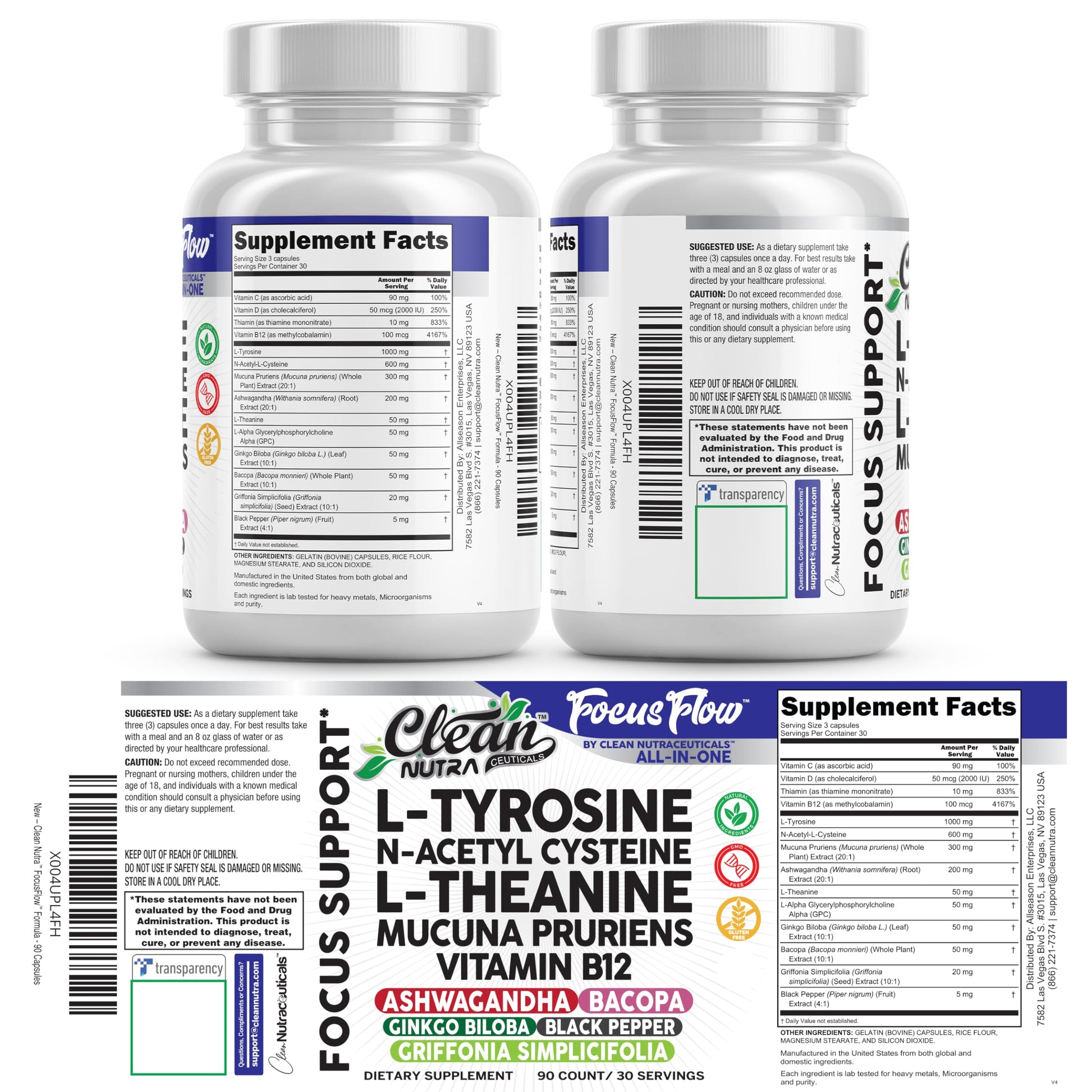 Focus Flow L-Tyrosine Vitamin B C D L-Theanine Ashwagandha Ginkgo Biloba Vitamin B12 Thiamine Black Pepper N-Acetylcysteine Mucuna Pruriens 90 Count Capsules by Clean Nutra Clean Nutraceuticals uk supplements