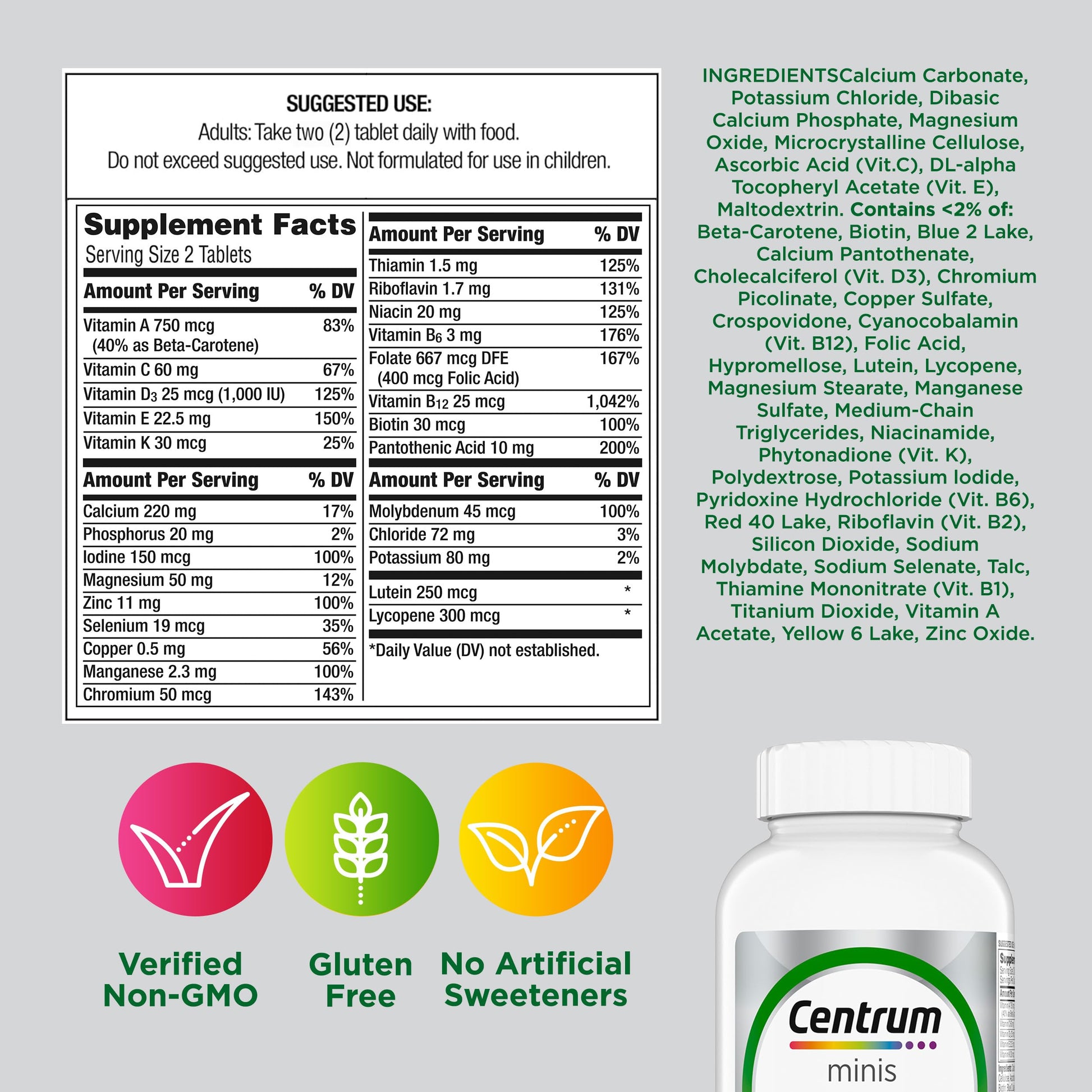 Centrum Minis Silver Multivitamin for Adults 50 Plus, Multimineral Supplement, Vitamin D3, B-Vitamins, Gluten Free, Non-GMO Ingredients Centrum uk supplements