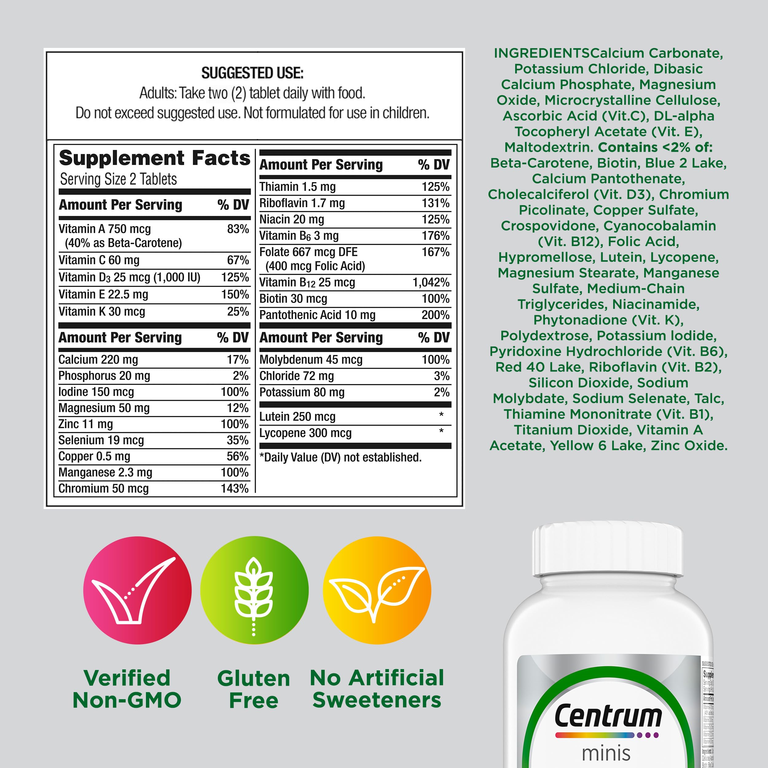 Centrum Minis Silver Multivitamin for Adults 50 Plus, Multimineral Supplement, Vitamin D3, B-Vitamins, Gluten Free, Non-GMO Ingredients Centrum uk supplements
