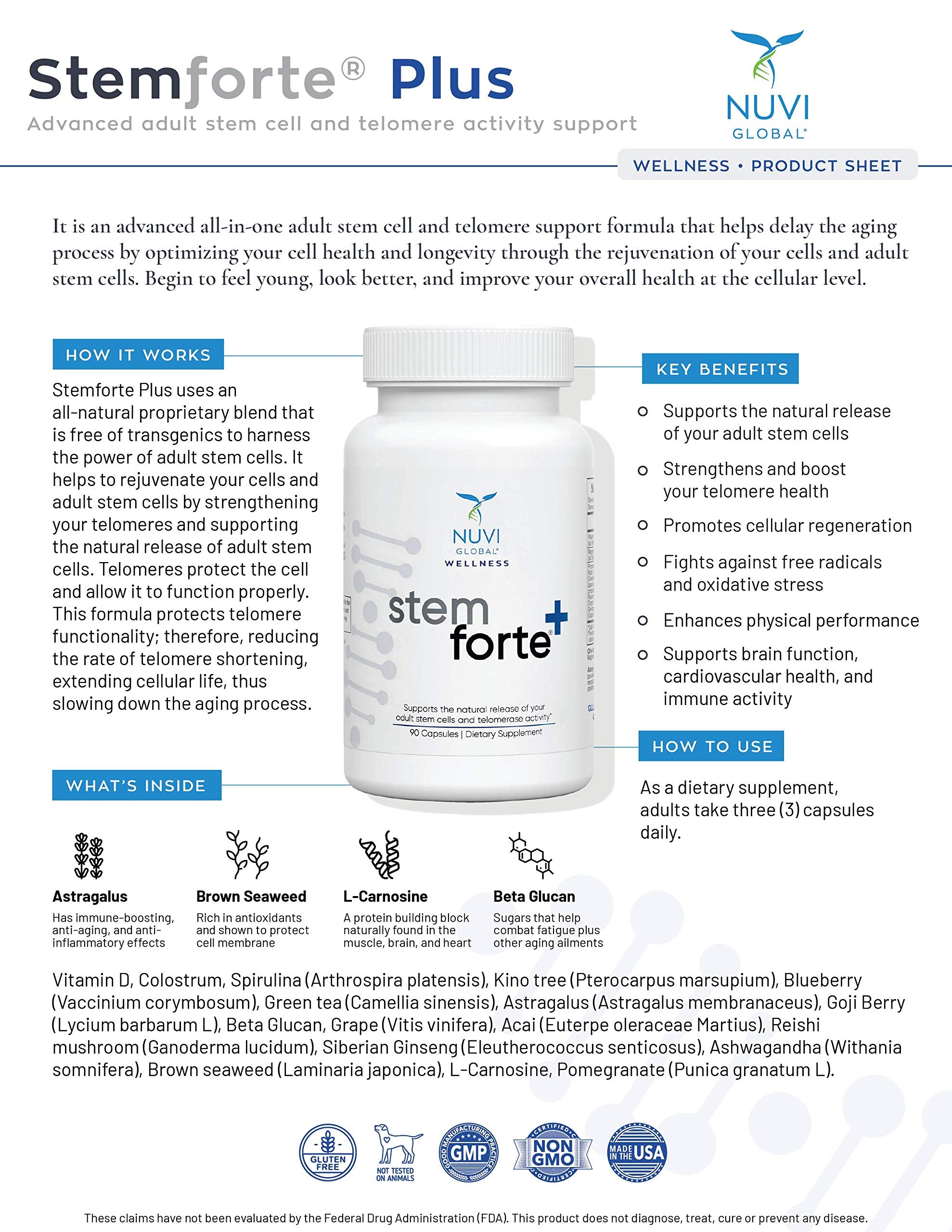 NuVi Global Stemforte Plus Stem Cell and Telomere Supplements – Cell Regeneration, Cell Growth & Telomere Support for Healthy Aging & Cellular Health – 90 Capsules for Men & Women NuVi Global uk supplements
