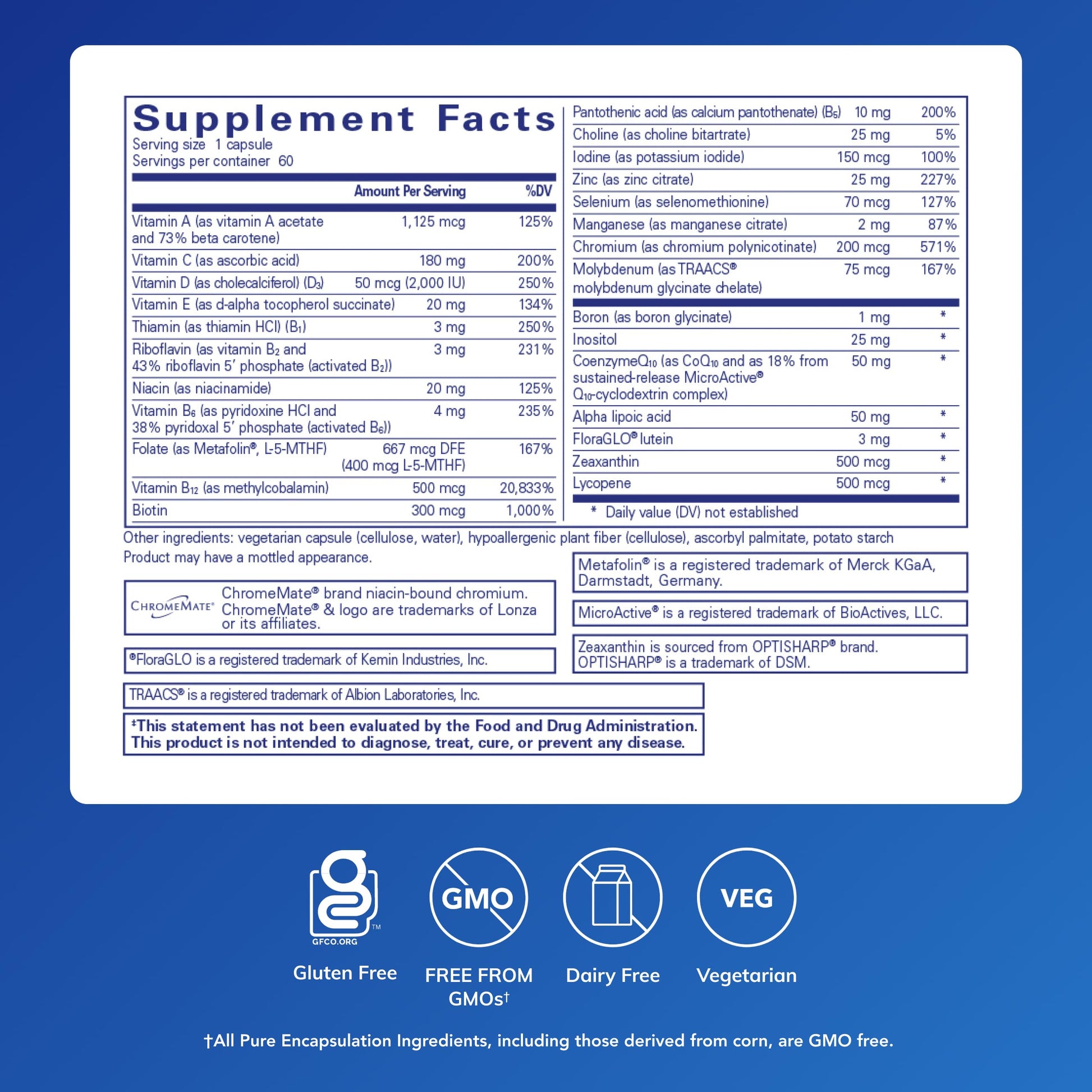 Pure Encapsulations O.N.E. Multivitamin - Once Daily Multivitamin with Antioxidant Complex Metafolin, CoQ10, and Lutein to Support Vision, Cognitive Function, and Cellular Health* - 60 Capsules Pure Encapsulations uk supplements