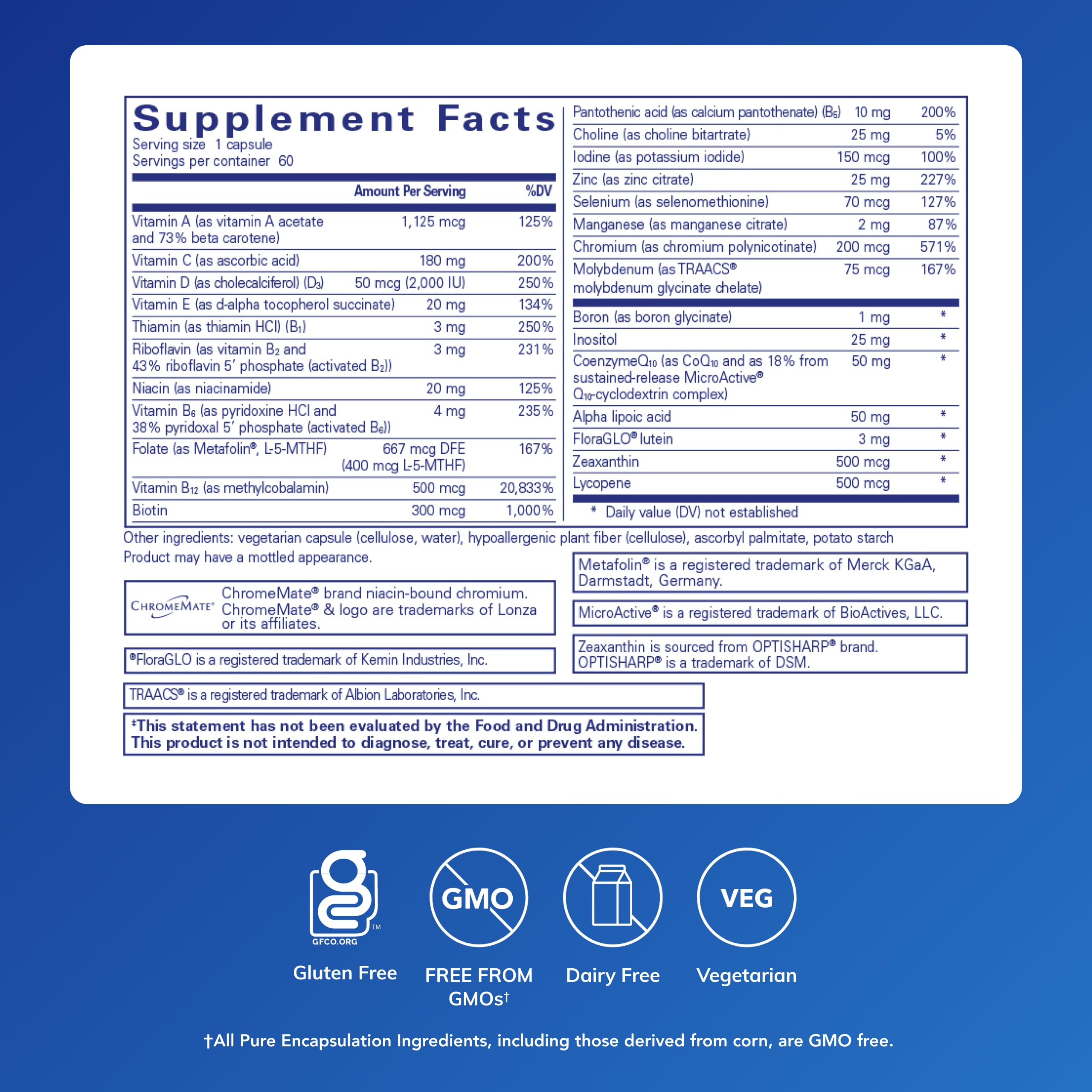 Pure Encapsulations O.N.E. Multivitamin - Once Daily Multivitamin with Antioxidant Complex Metafolin, CoQ10, and Lutein to Support Vision, Cognitive Function, and Cellular Health* - 60 Capsules Pure Encapsulations uk supplements
