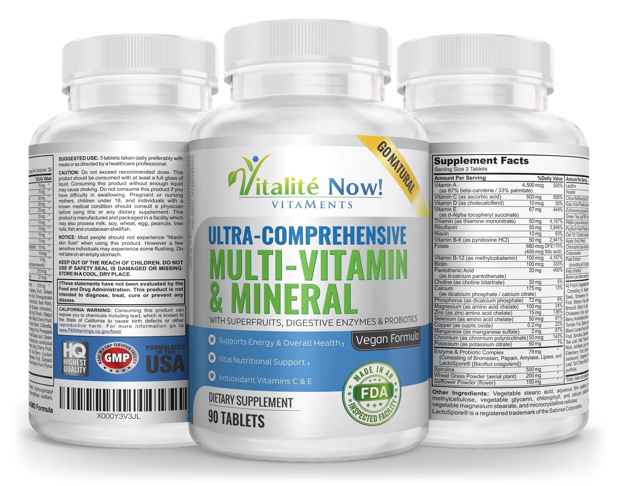 Vegan Whole Food Multivitamin & Mineral - Vitamins A B1 B2 B6 B12 C D3 E & 110 Super Foods, Herbs, Greens & Reds Vitalité Now! uk supplements