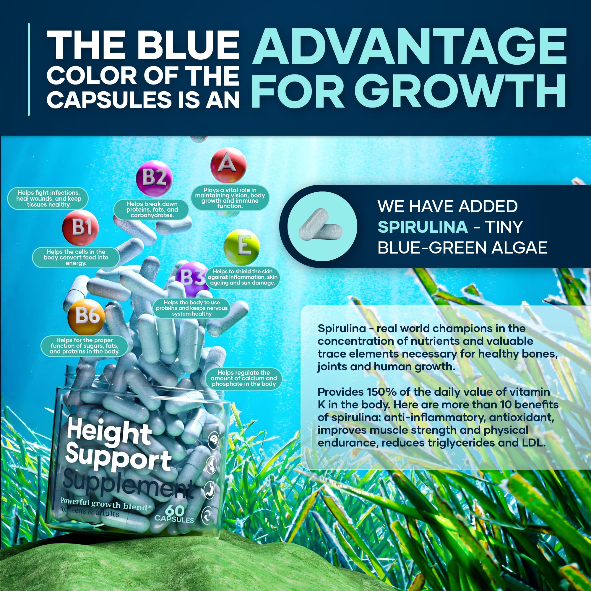Height & Bone Support Supplement - Premium Height Growth Supplement for Kids & Teens with Calcium - Nutritional Support Bone Health Formula - Height Increase Essential Vitamins - 60 Caps LM LILYNUTRAMOON uk supplements