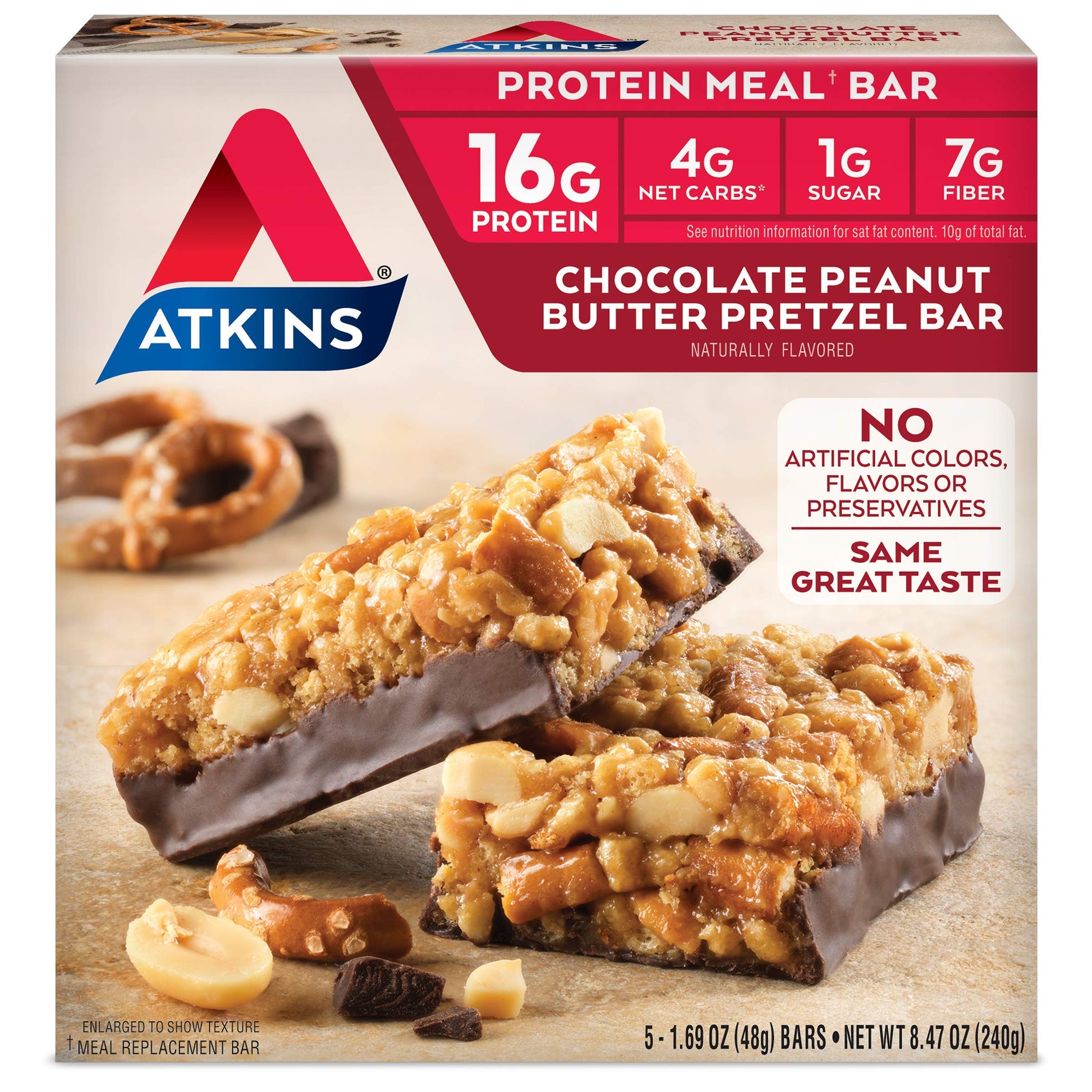 Atkins Chocolate Peanut Butter Pretzel Protein Meal Bar, High Fiber, 16g Protein, 1g Sugar Atkins uk supplements