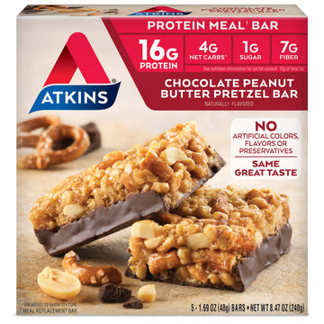 Atkins Chocolate Peanut Butter Pretzel Protein Meal Bar, High Fiber, 16g Protein, 1g Sugar Atkins uk supplements
