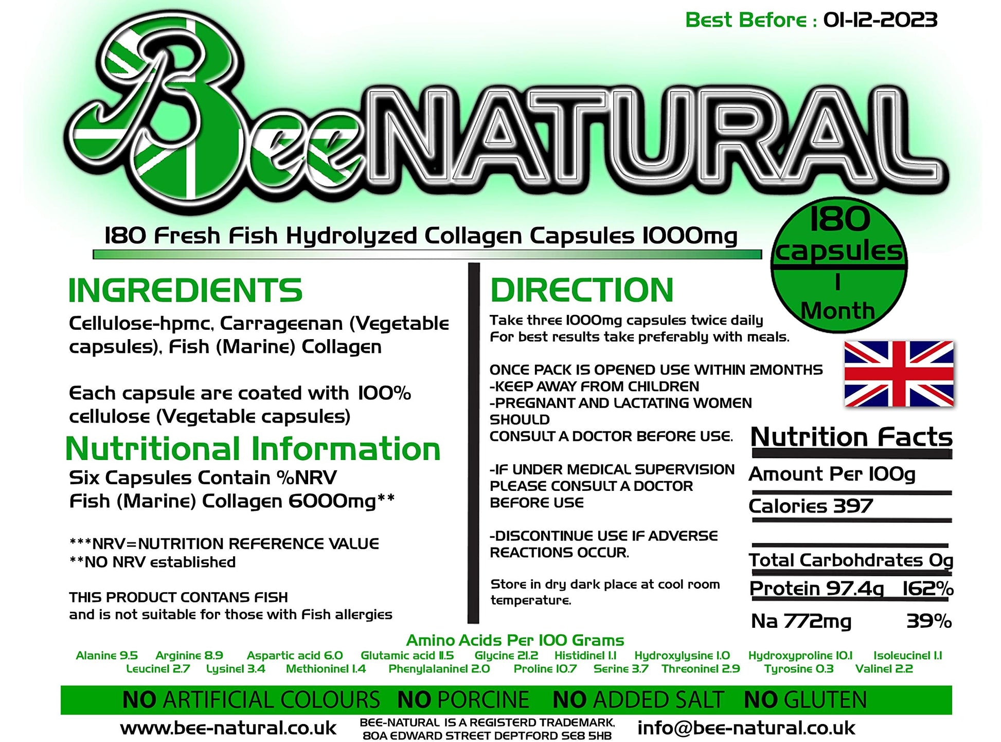 Bee-natural Pure Marine Hydrolyzed Collagen 1000mg 180 Capsules (1 Month Supply) Bee-natural uk supplements