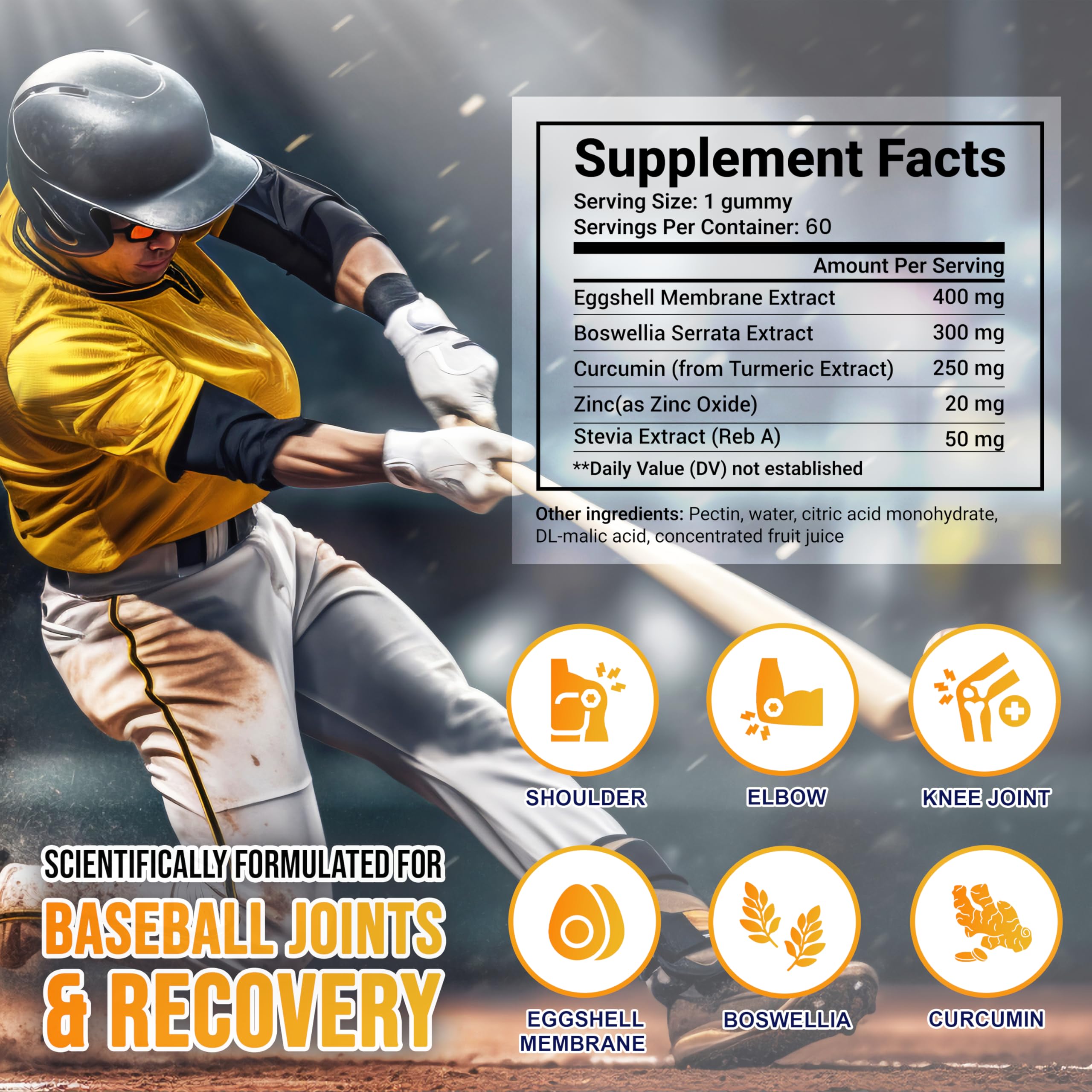 MYRELI Eggshell Membrane 400mg, Boswellia 300mg, Curcumin 250mg & Zinc 20mg Gummies - Baseball Athlete Joint Support, Flexibility, Recovery, Antioxidant, Energy, Endurance - Vegan, Non-GMO, 60 Gummies MYRELI uk supplements