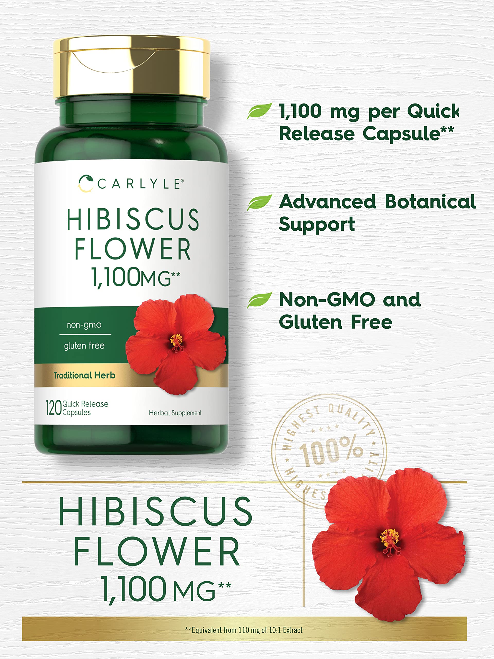Hibiscus Flower Extract 1100 mg | 120 Capsules | Non-GMO, Gluten Free Supplement Carlyle uk supplements
