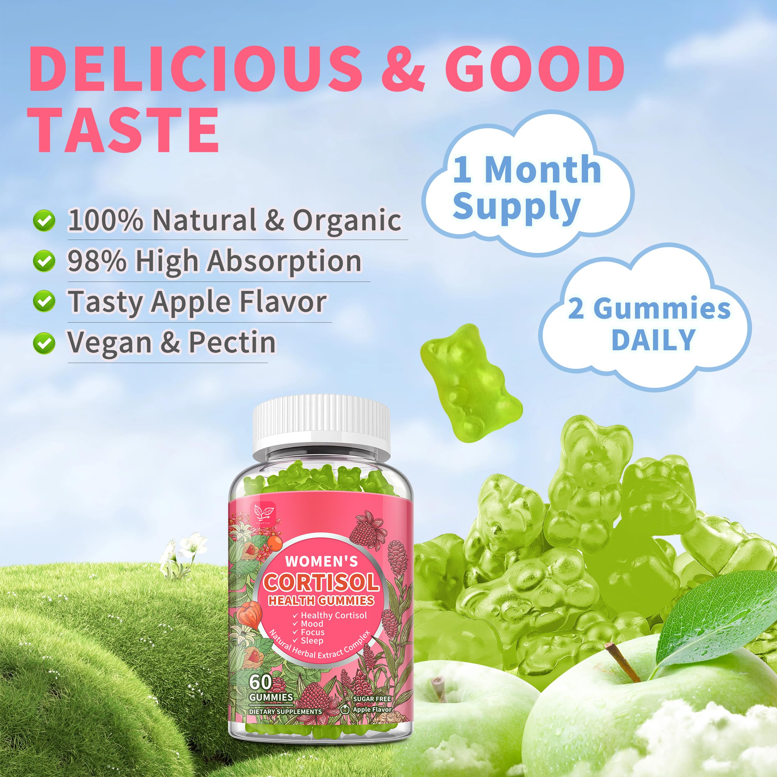 Cortisol Gummies for Women,Cortisol Manager with Ashwagandha,Magnesium,L-theanine,Phosphatidylserine,Rhodiola Rosea,Black Pepper for Mood Support,Adrenal Balance,Sleep,Vegan,Apple Flavor,60 Count Hudetex uk supplements