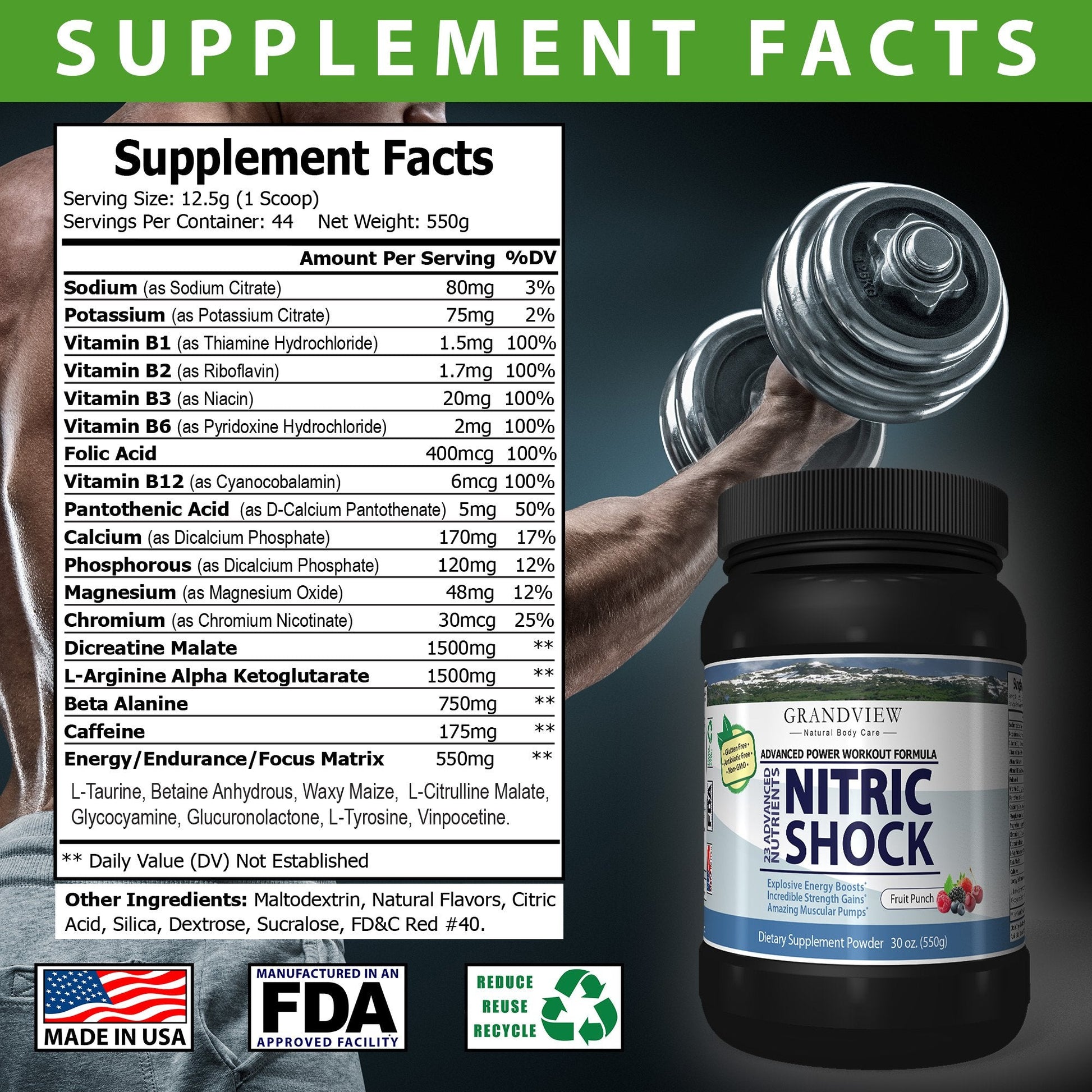 N Shock- Pre Workout Powder, x10 Strength, 44 Servings, (Fruit Punch) Boost Energy Grandview Natural Body Care uk supplements