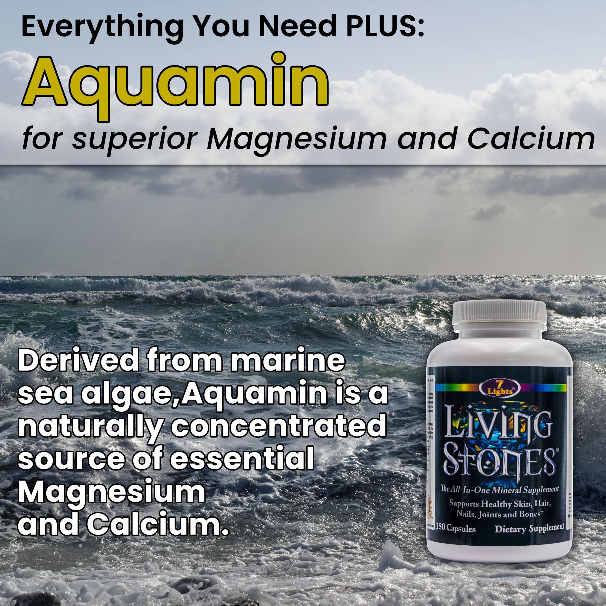 Living Stones, Complete Mineral Supplement with Zinc, Calcium, Magnesium, Selenium, Trace Minerals, No Added Iron, with MSM (Organic Sulfur) and Shilajit, Premium Absorption (30-Day Supply - 180 Caps) 7 Lights uk supplements