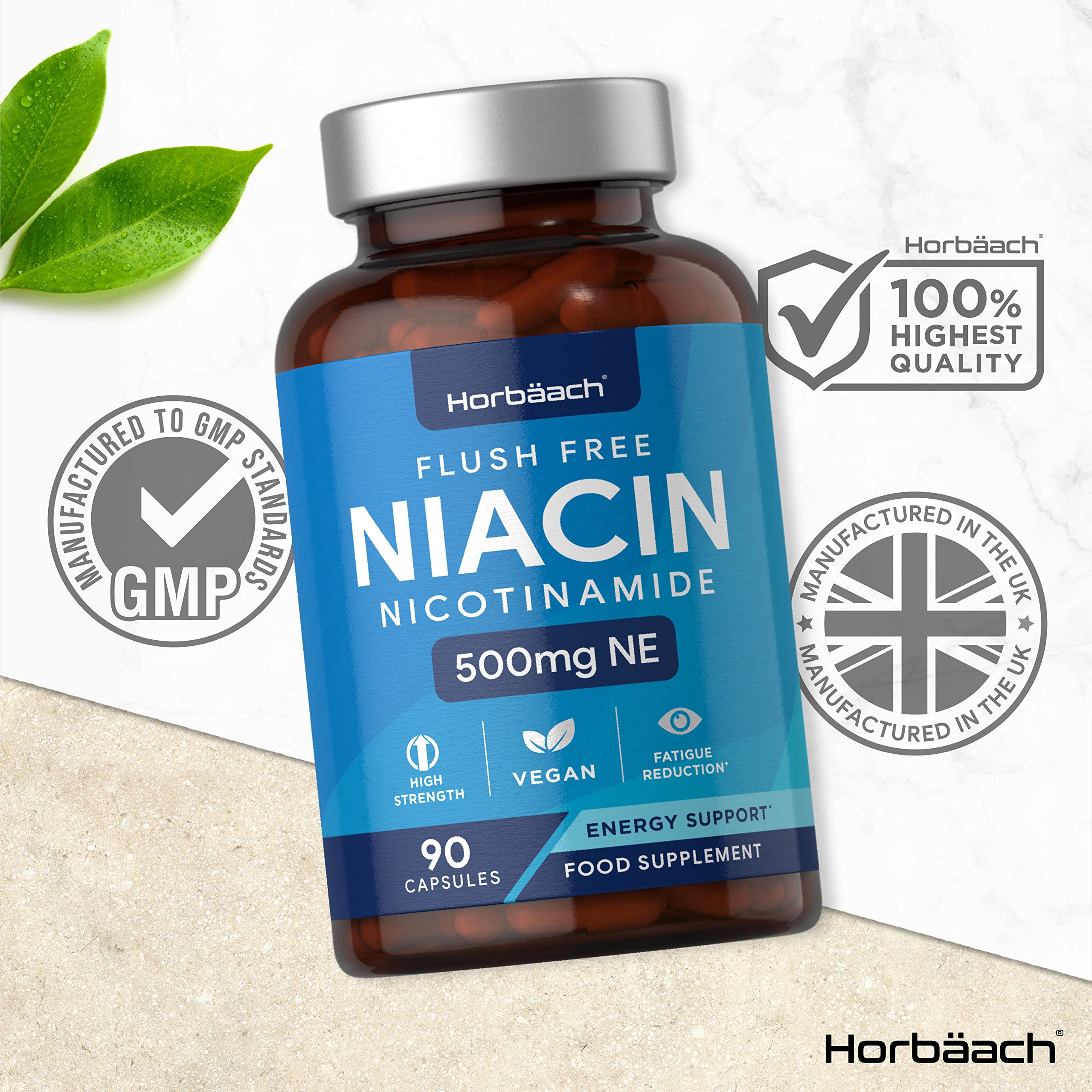 Vitamin B3 Niacin 500mg | 90 Vegan Capsules | Flush Free Nicotinamide Supplement Horbäach uk supplements