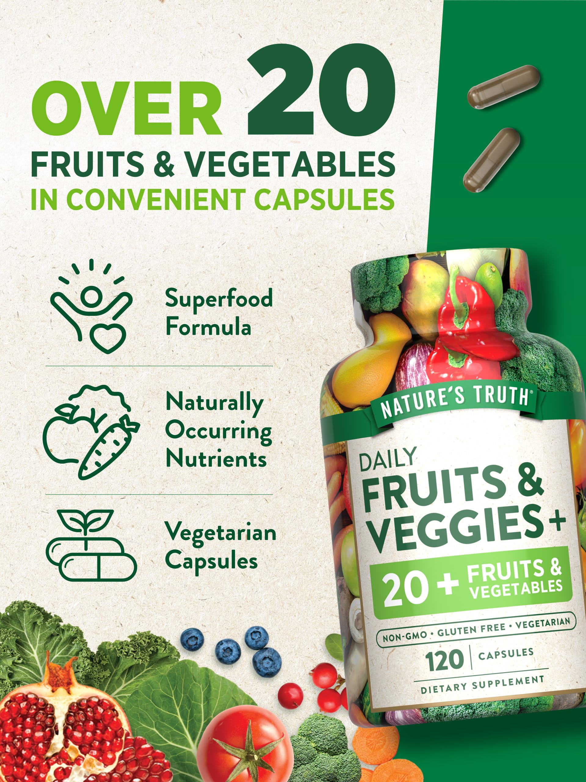 Nature's Truth Fruit and Veggies Supplement | 120 Vegetarian Capsules | 20+ Fruits & Vegetables | Vegetarian, Non-GMO, and Gluten Free Supplement Nature's Truth uk supplements