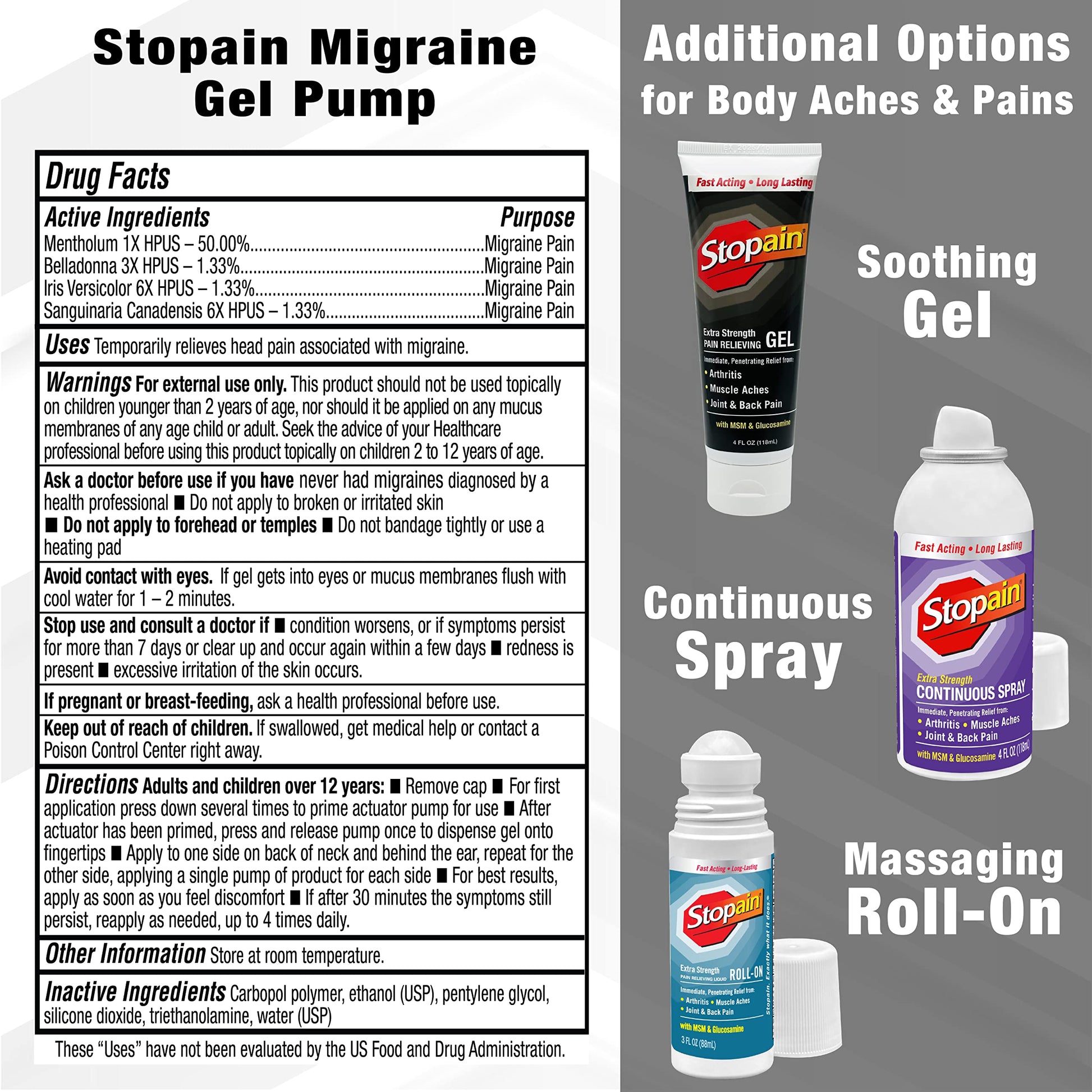 Stopain Migraine Pain Relief Gel Pump, 1.62oz, USA Made, Max Strength Fast Acting Research Proven Topical Effective at Any Stage, No Known Side Effects or Drug Interactions, HSA FSA Approved Products Stopain uk supplements