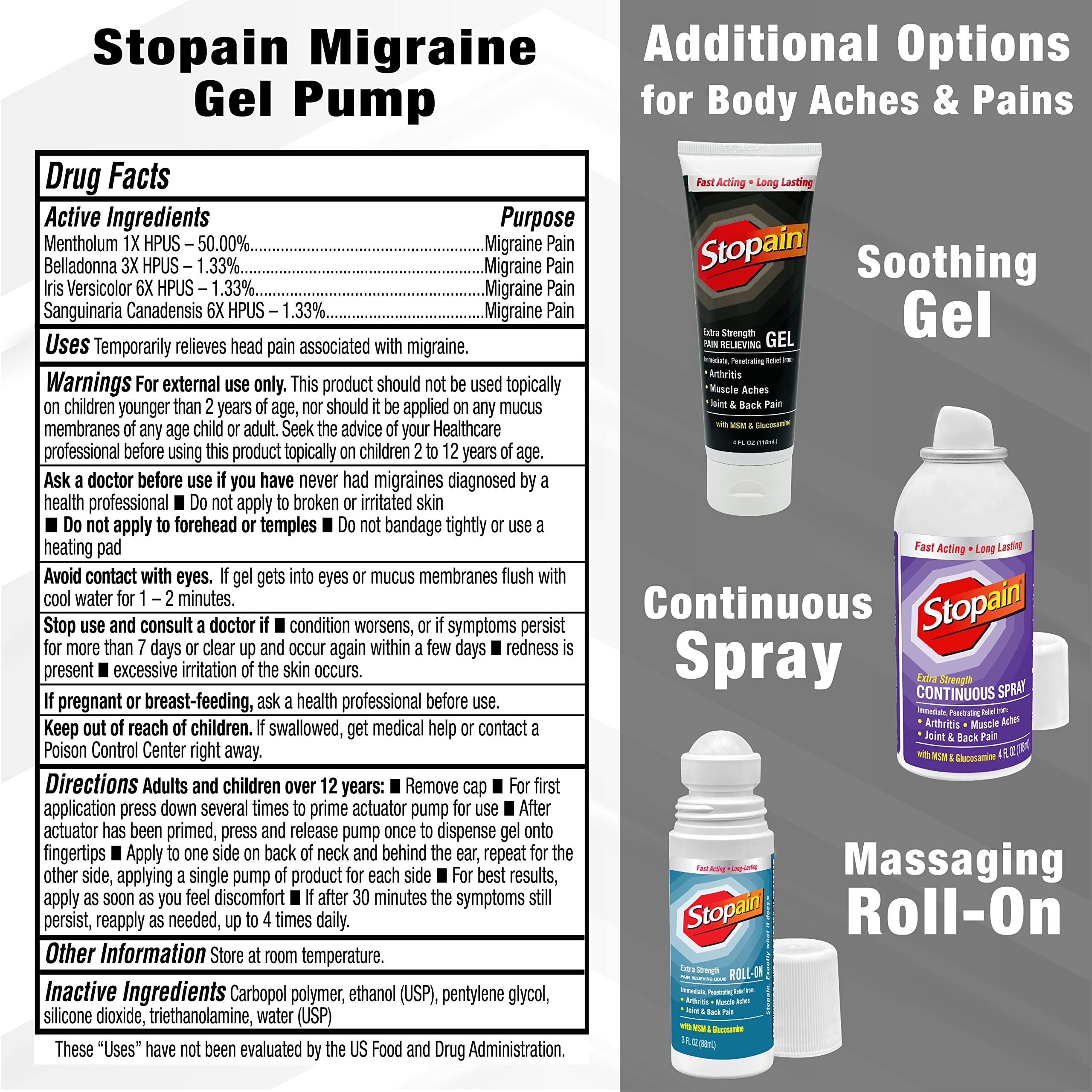 Stopain Migraine Pain Relief Gel Pump, 1.62oz, USA Made, Max Strength Fast Acting Research Proven Topical Effective at Any Stage, No Known Side Effects or Drug Interactions, HSA FSA Approved Products Stopain uk supplements