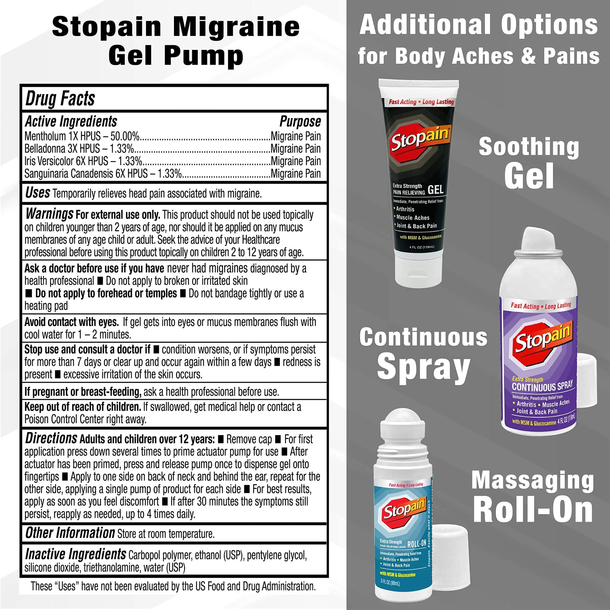 Stopain Migraine Pain Relief Gel Pump, 1.62oz (2 Pack), USA Made, Max Strength Fast Acting Research Proven Effective Topical, No Known Side Effects or Drug Interactions, HSA FSA Approved Products Stopain uk supplements