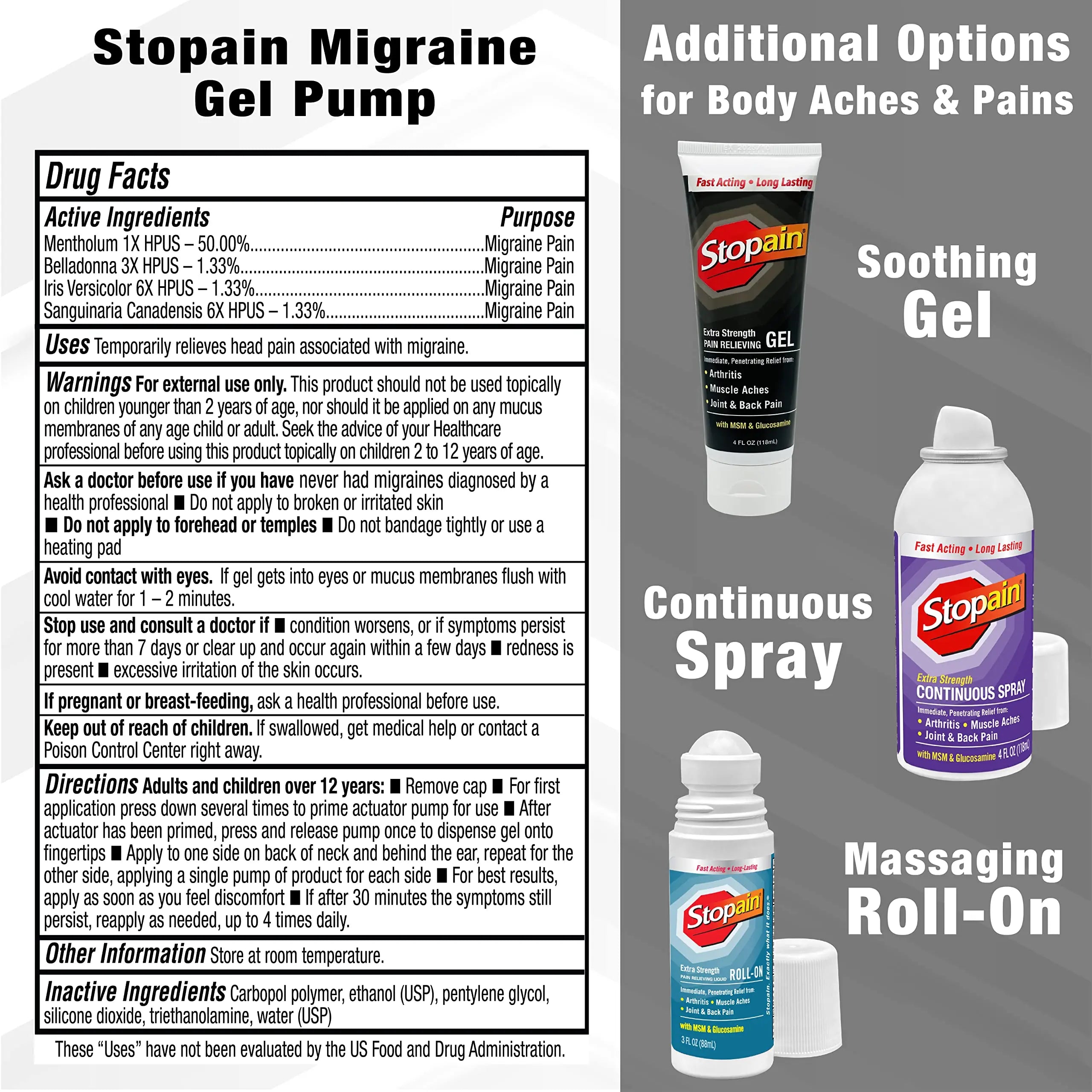 Stopain Migraine Pain Relief Gel Pump, 1.62oz (2 Pack), USA Made, Max Strength Fast Acting Research Proven Effective Topical, No Known Side Effects or Drug Interactions, HSA FSA Approved Products Stopain uk supplements