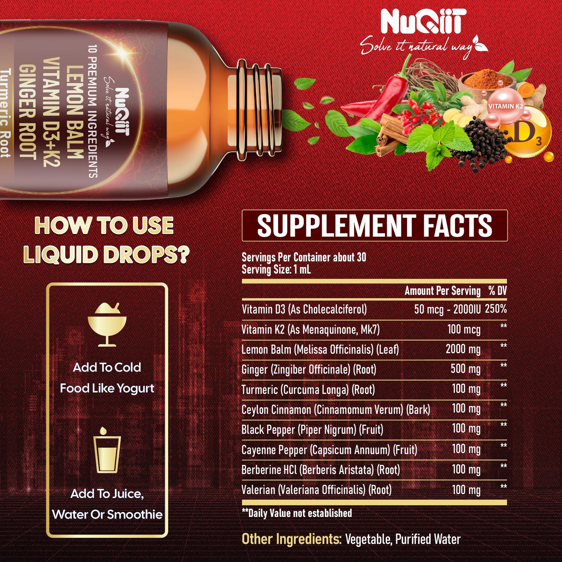 NUQIIT 10in1 Lemon Balm Tincture Blend Includes Vitamin D3, Vitamin K2, Lemon Balm, Ginger, Turmeric, Ceylon Cinnamon and More - 1 FL Oz - 60 Day Supply NUQIIT uk supplements