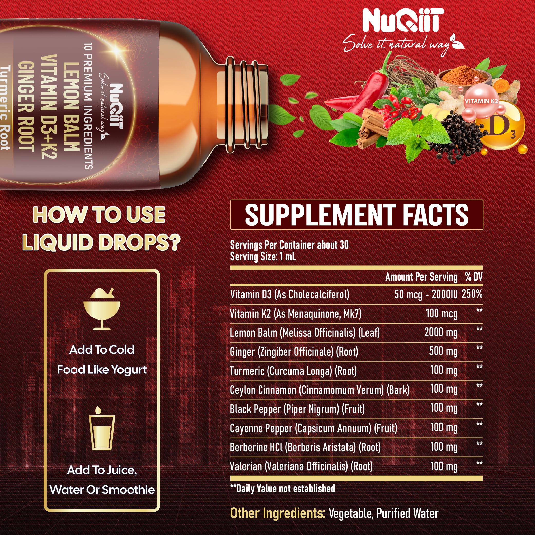 NUQIIT 10in1 Lemon Balm Tincture Blend Includes Vitamin D3, Vitamin K2, Lemon Balm, Ginger, Turmeric, Ceylon Cinnamon and More - 1 FL Oz - 60 Day Supply NUQIIT uk supplements