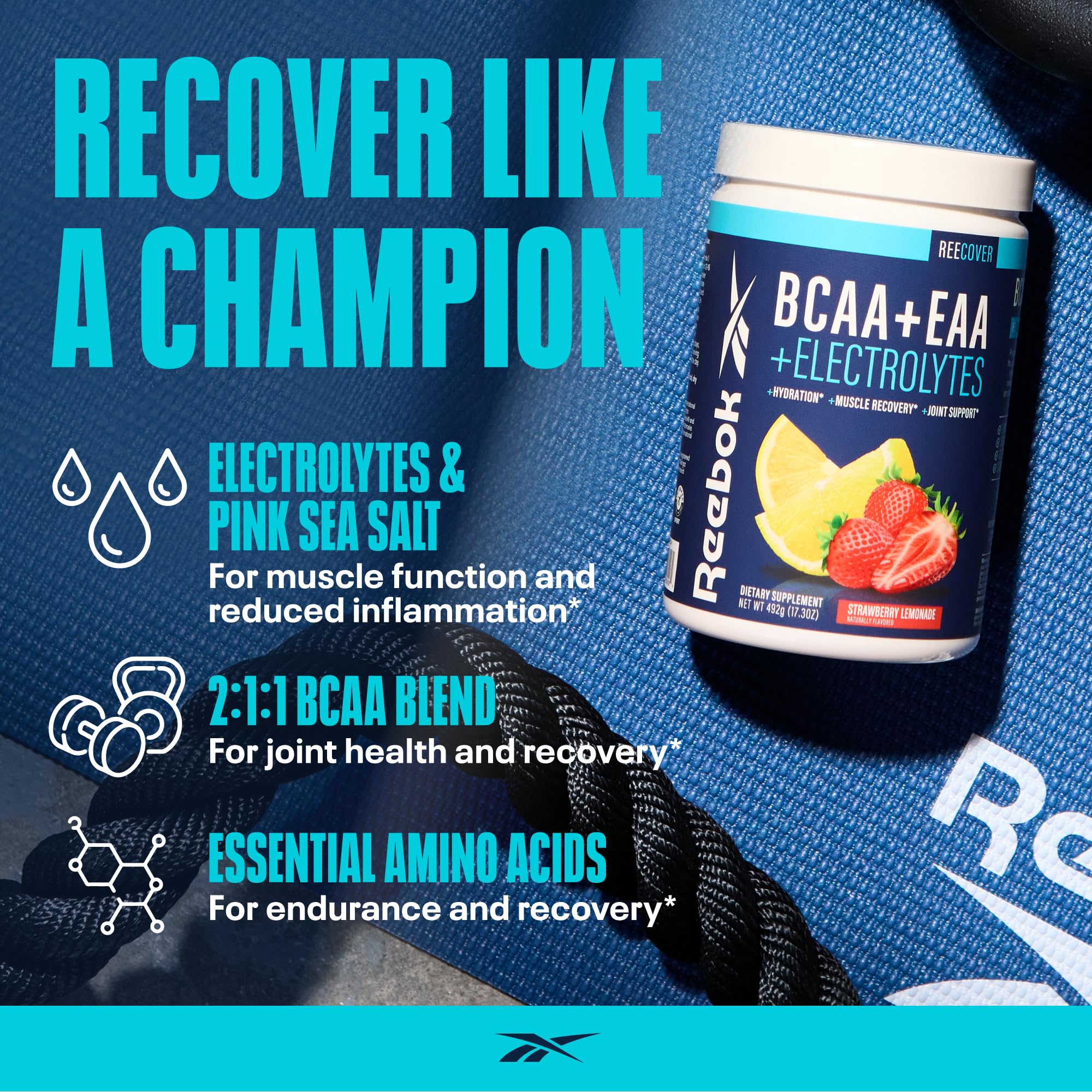 Reebok REEcover Amino Acids + Electrolytes | 8g EAAs, 5g BCAAs, Hydration Matrix | Muscle Recovery, Strength | Post-Workout Support Reebok uk supplements