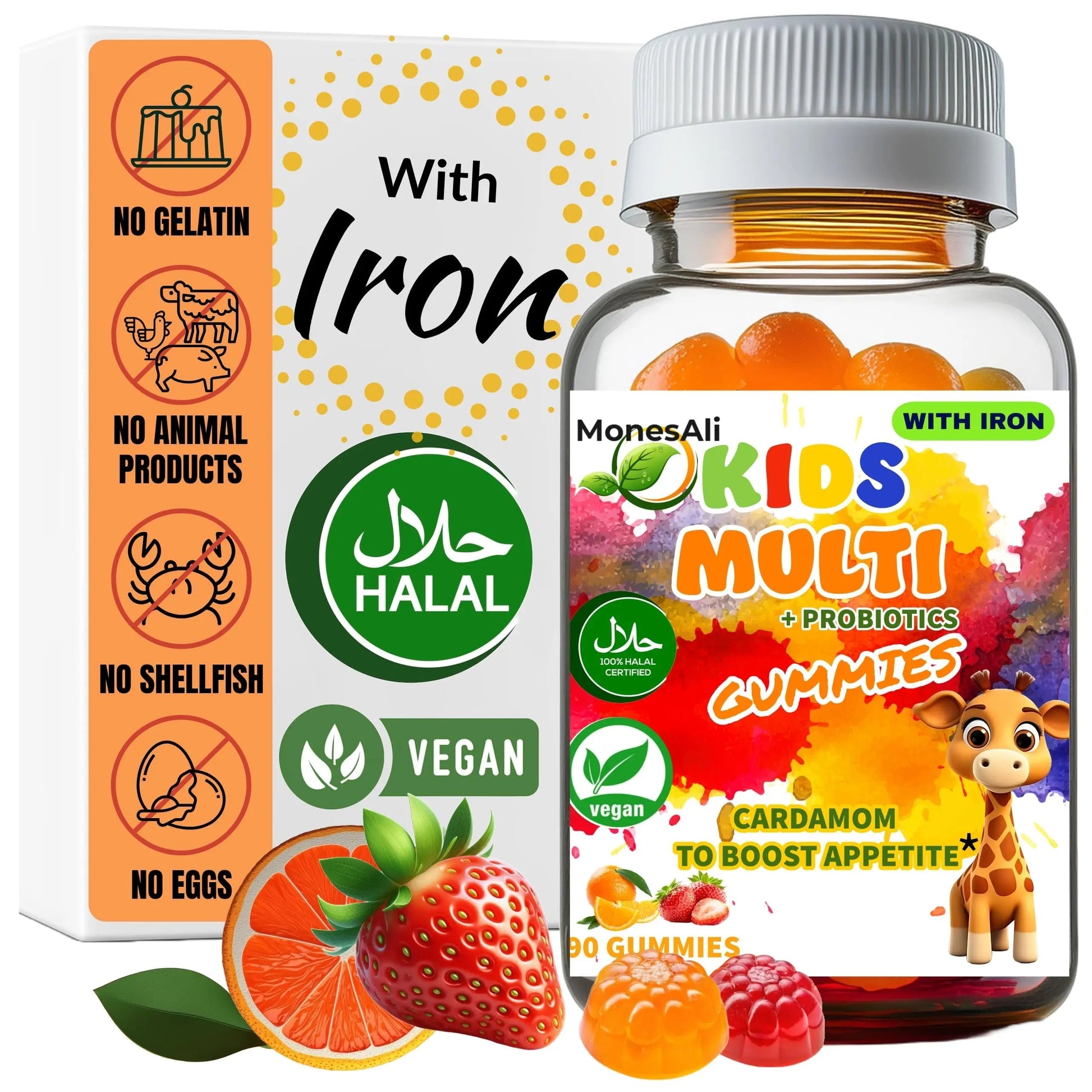MonesAli Kids Multivitamin Gummies with Iron & Probiotics – Vegan, Gelatin-Free, Halal, Orange & Strawberry Flavors, 90 Count MonesAli uk supplements