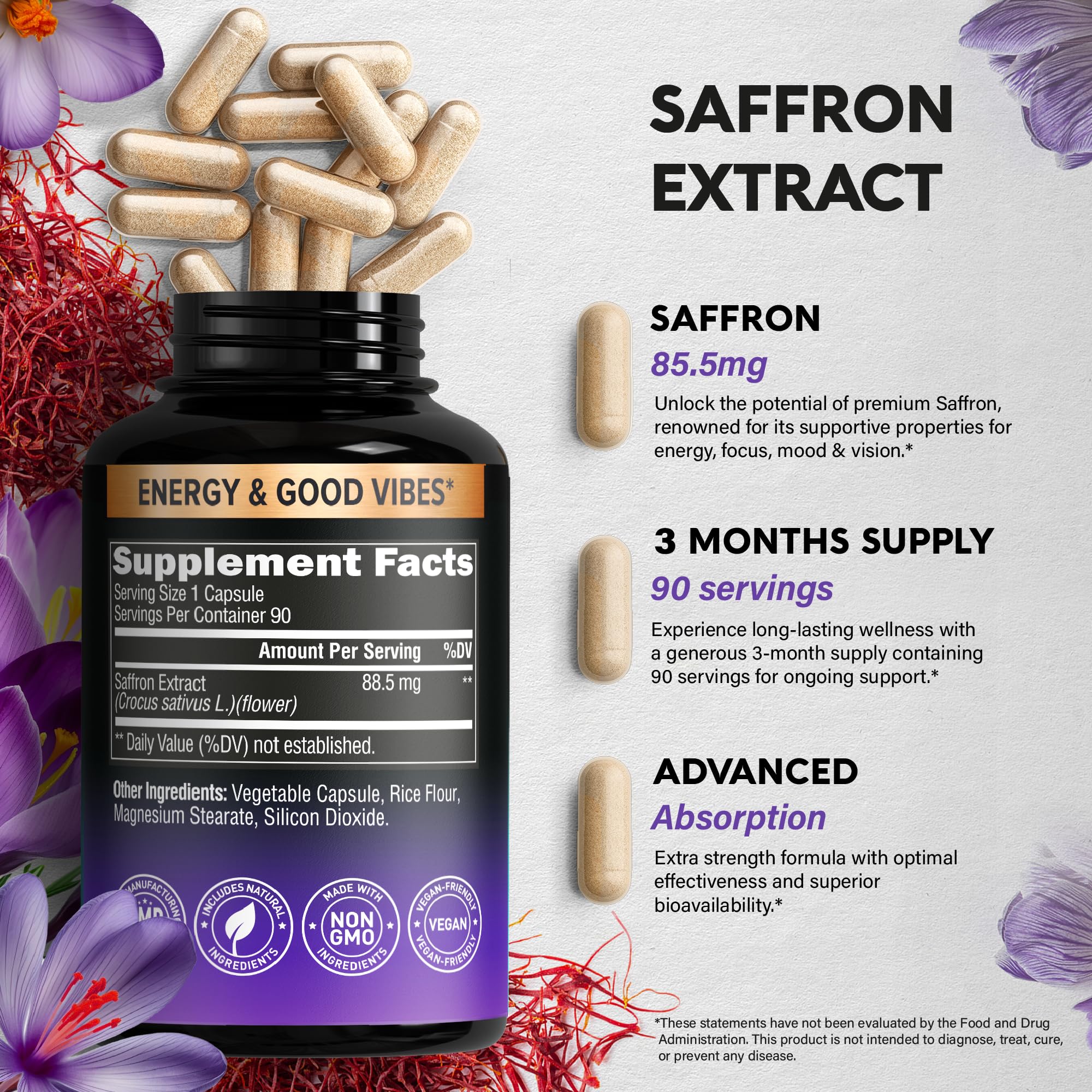Natural Saffron Supplements - Pure Saffron Extract 88.5 mg - Made in USA - Mood | Focus | Vision | Energy Support - Eye Health for Women & Men - NonGMO Vegan Pills - 90 Powder Capsules, 3 Month Supply NUTRAHARMONY uk supplements