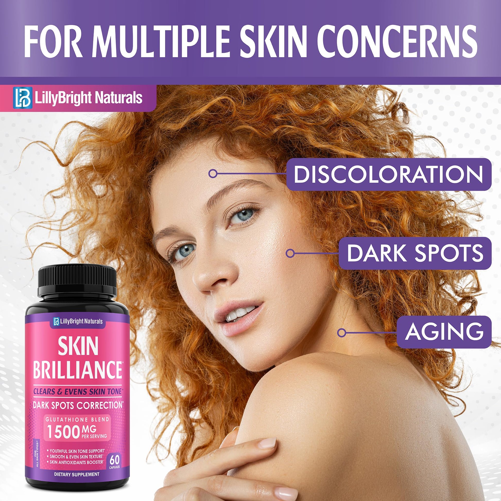 Glutathione Capsules - 1,500mcg L-Glutathione Supplement with Vitamin C - Skin Tone Enhancer - Targets Dark Spots & Acne Marks - Antioxidant Supplement for Beauty & Health Support - 60 Skin Pills LB LILLYBRIGHT NATURALS uk supplements