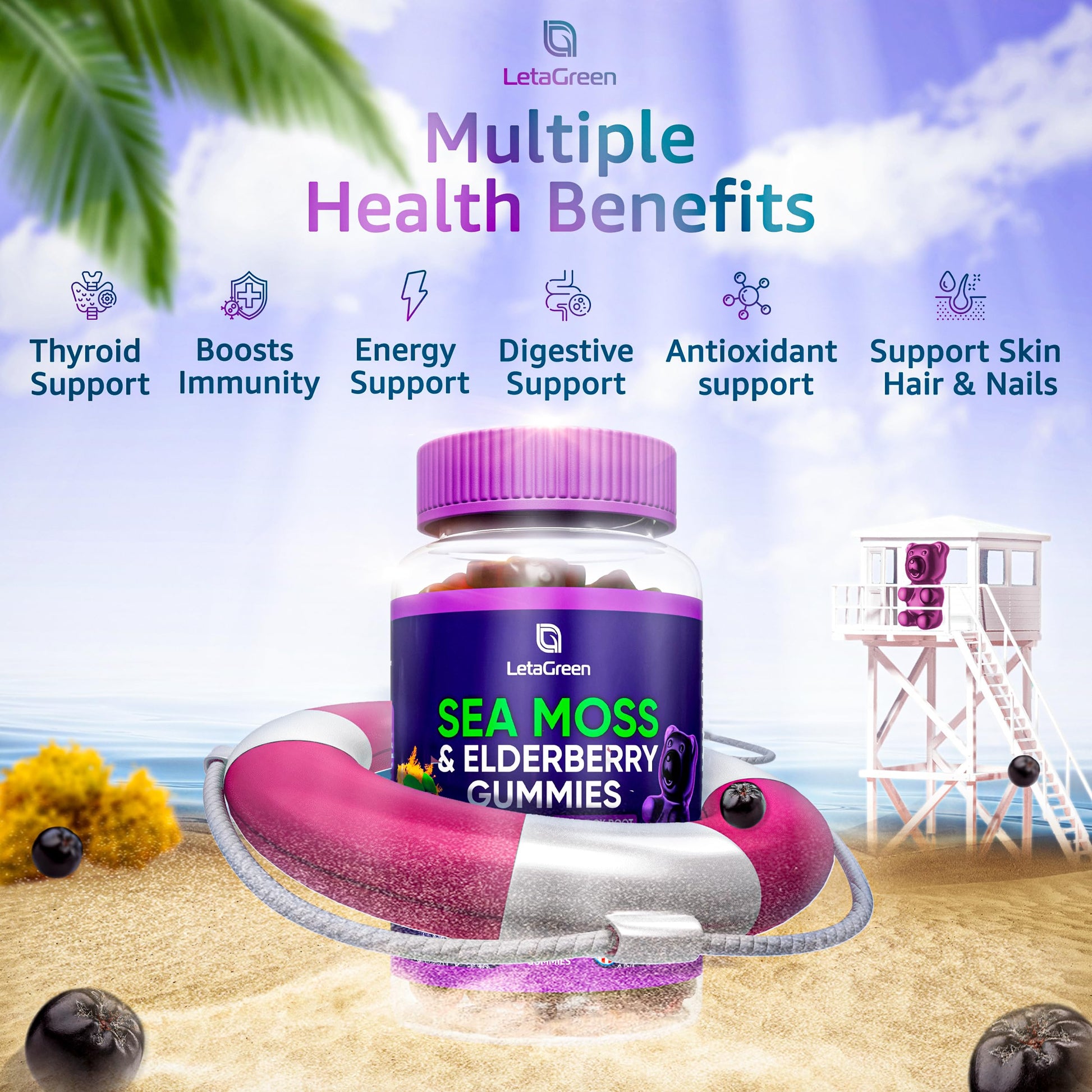 LetaGreen Irish Sea Moss Gummies - 60 Vegan Seamoss Gummies Bears LetaGreen uk supplements