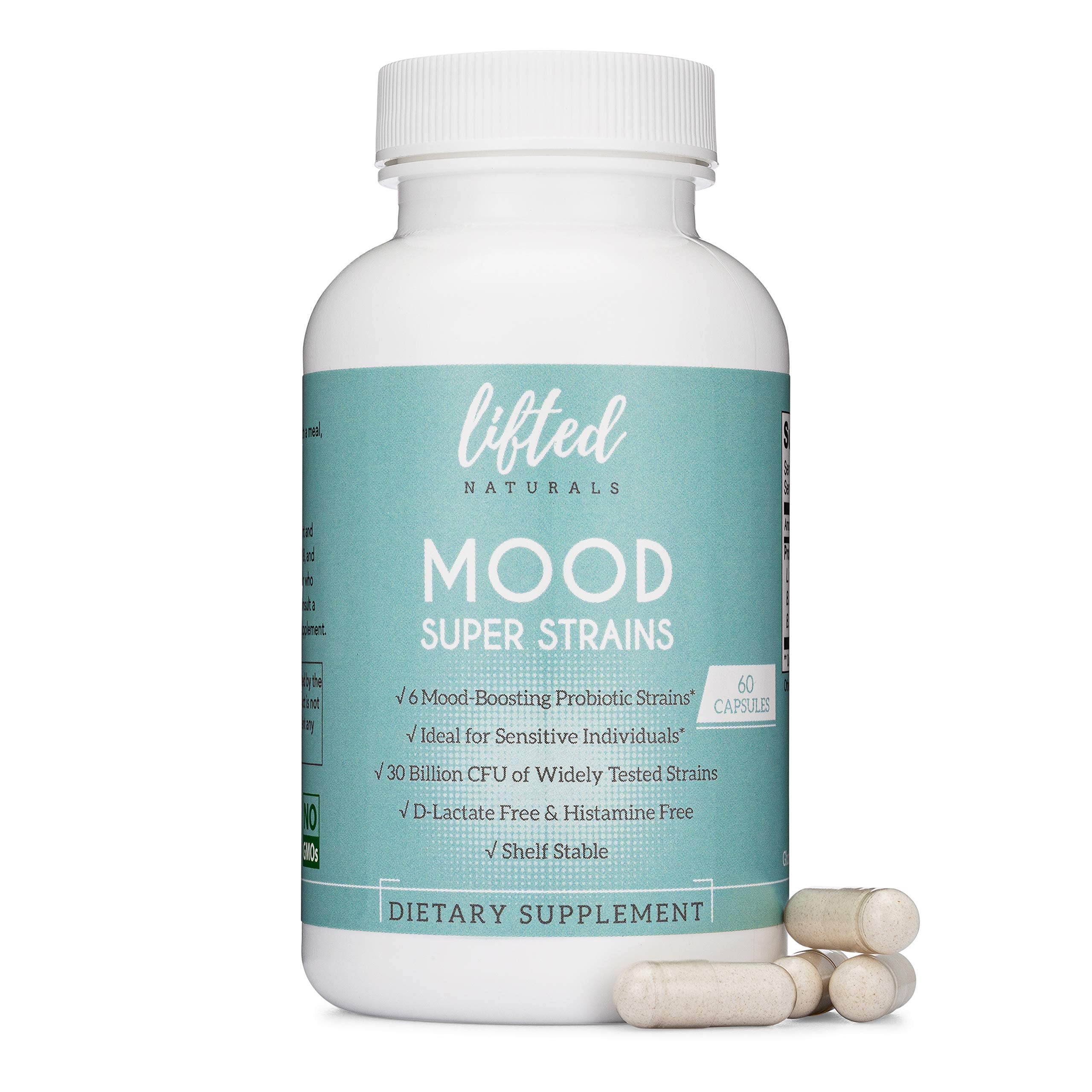 Probiotics - Mood Super Strains Probiotic - Naturally Supports Digestion & Mood - Histamine-Free Probiotics w/ L Rhamnosus GG, Shelf Stable Probiotic Supplement, 60 Day Supply, Non-GMO, VEGAN Lifted Naturals uk supplements