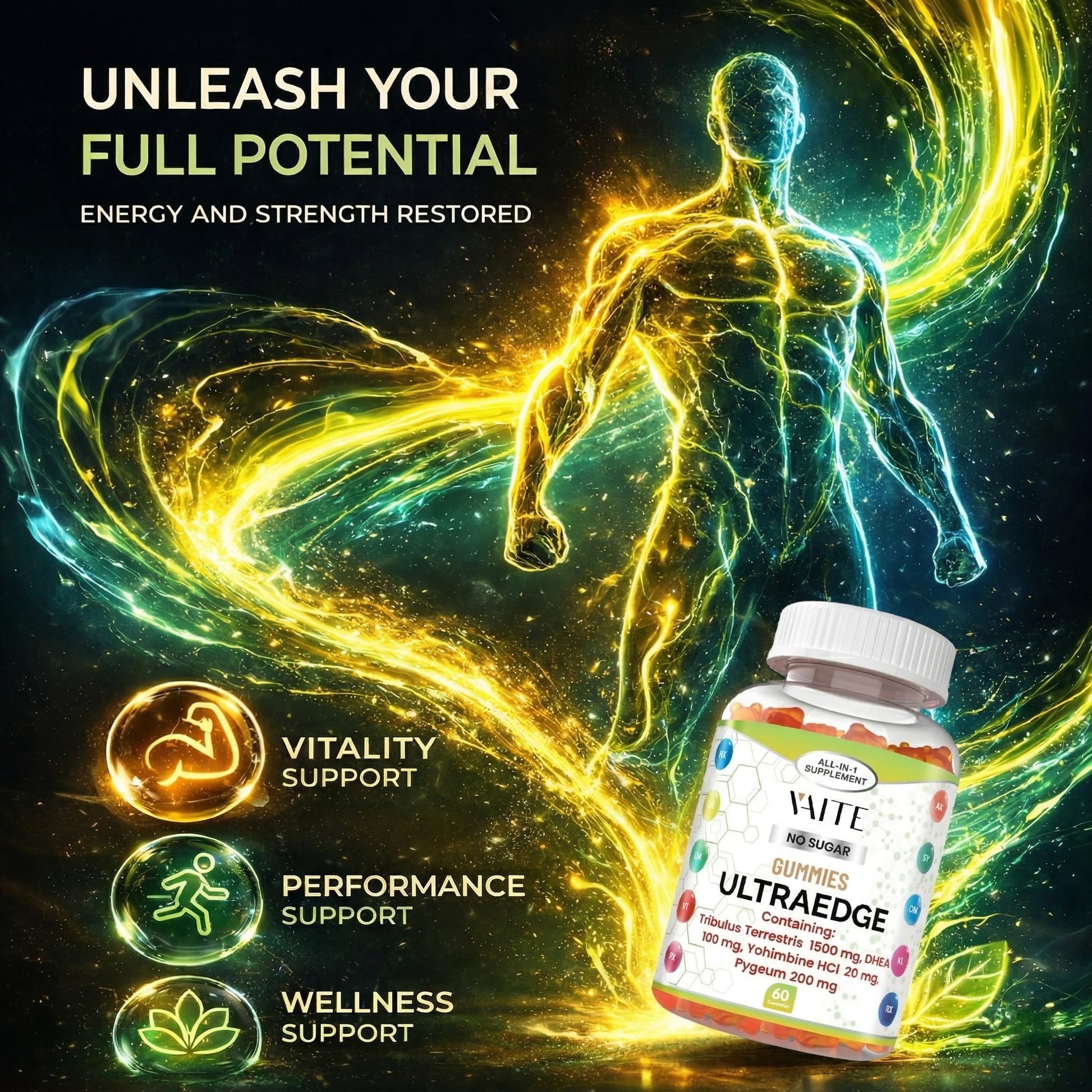 VAITE UltraEdge Herbal Complex Gummies – Tribulus Terrestris 1500mg, DHEA 100mg, Yohimbine HCl 20mg, Pygeum 200mg, Plant-Based Blend, 60 Vegan Gummies, Non-GMO, Gluten-Free, Adult Supplement VAITE uk supplements